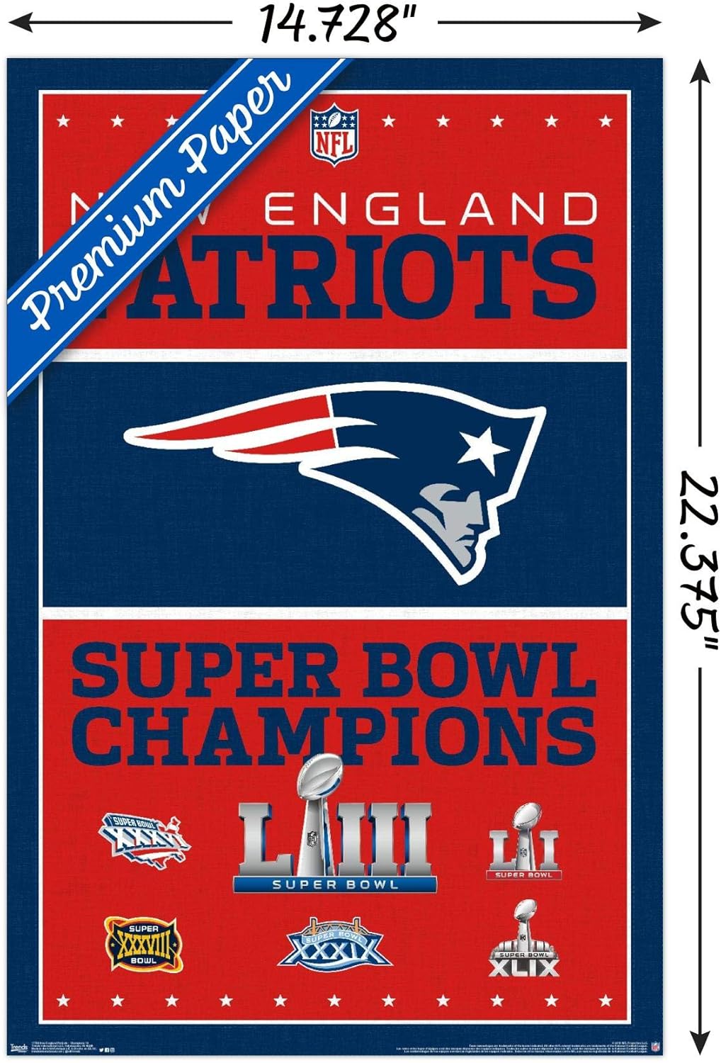 Trends International NFL New England Patriots – Póster de pared de Champions 19, 14.725 x 22.375 pulgadas, versión premium sin marco