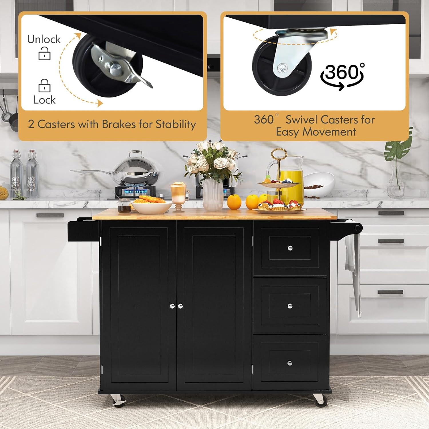 GOFLAME Carrito de isla de cocina con hoja caída, carrito de cocina con ruedas con parte superior de madera de goma, 3 cajones, toallero y estante