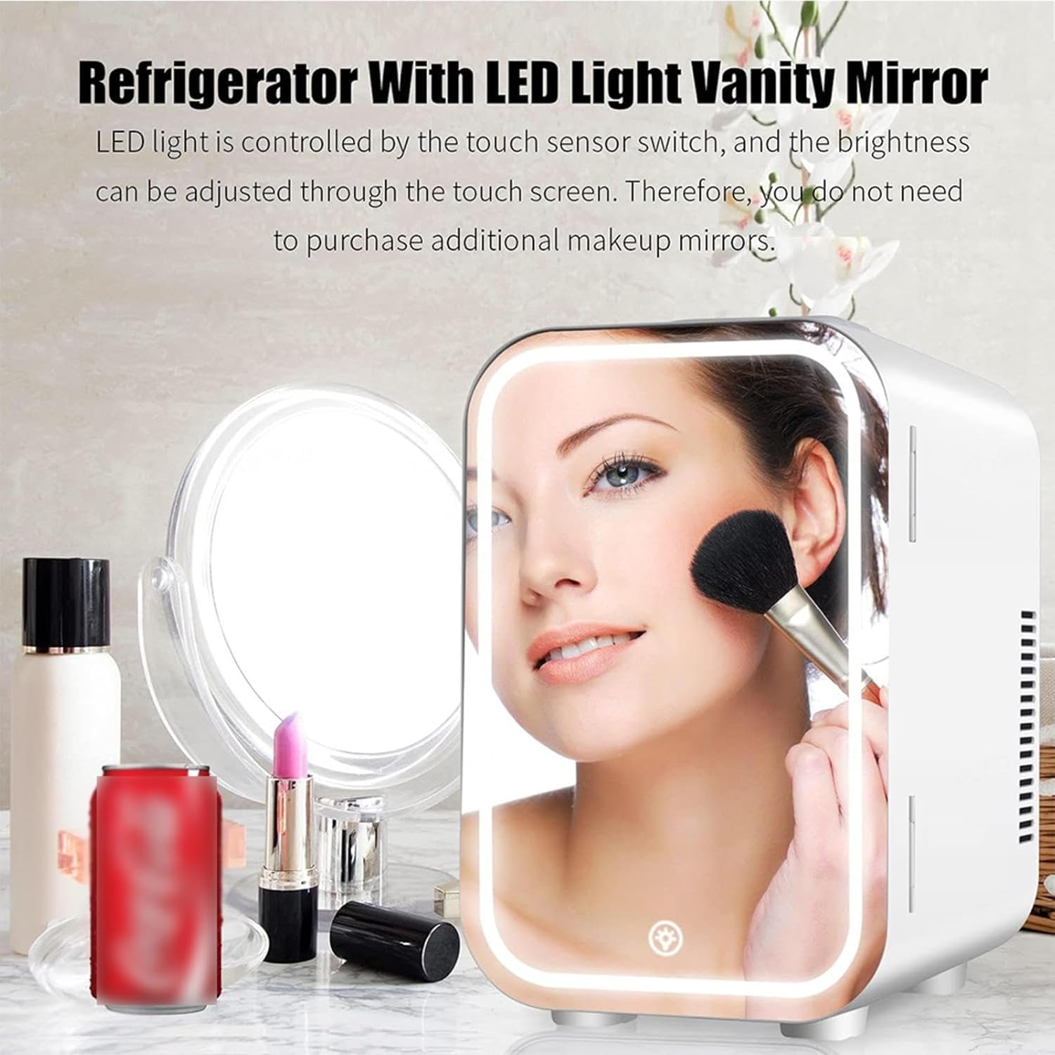 ROLTIN Mini refrigerador para dormitorio, con espejo LED, mini enfriador de capacidad de 8 litros, frío y caliente, refrigerador de coche de doble