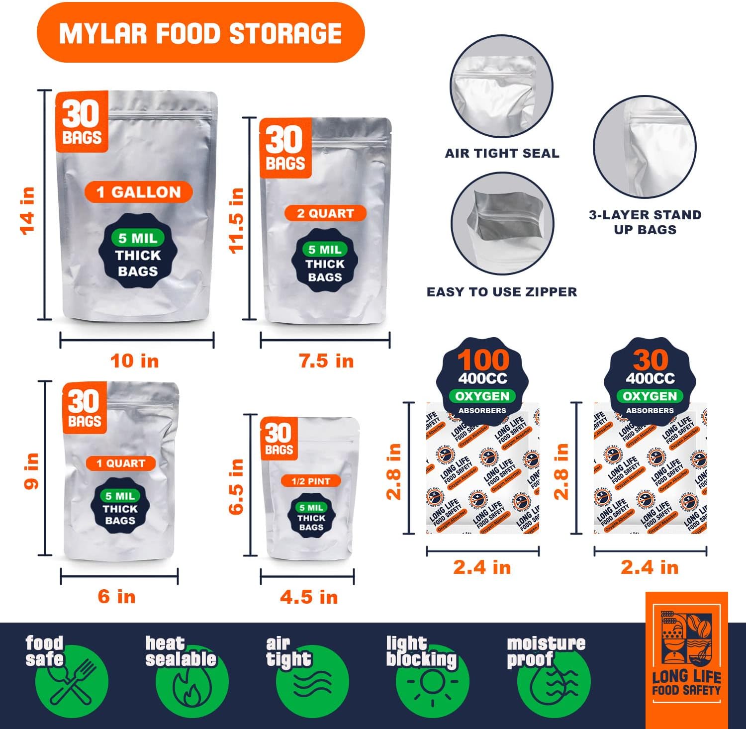 Absorbentes de oxígeno de 2500 cc para almacenamiento de alimentos (20 paquetes) y paquete de varios tamaños (120 bolsas) bolsas de Mylar para