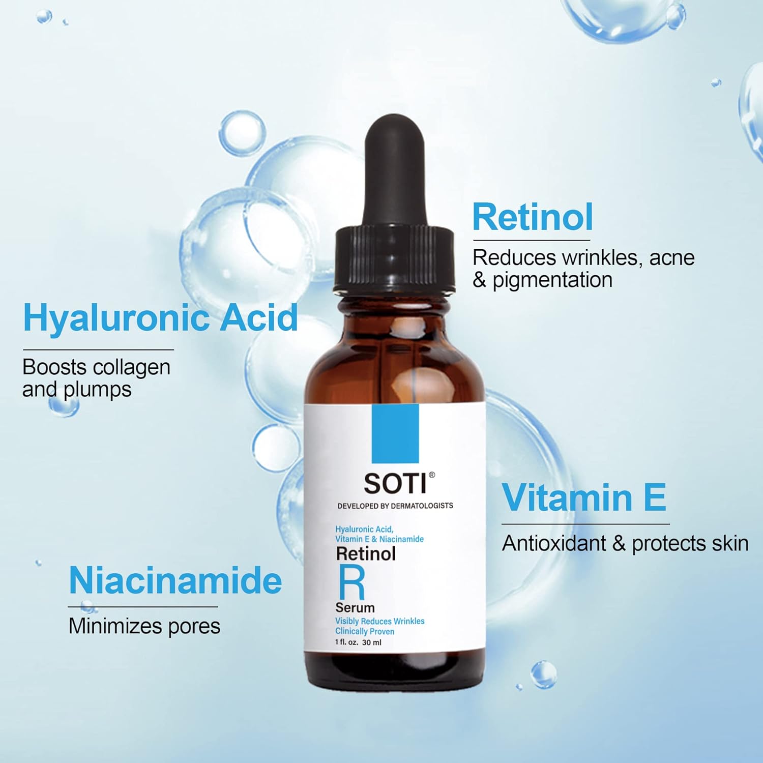 Suero de retinol para cara al 2.5% con niacinamida, ácido hialurónico y vitamina E. Suero facial antienvejecimiento para líneas, arrugas, manchas de