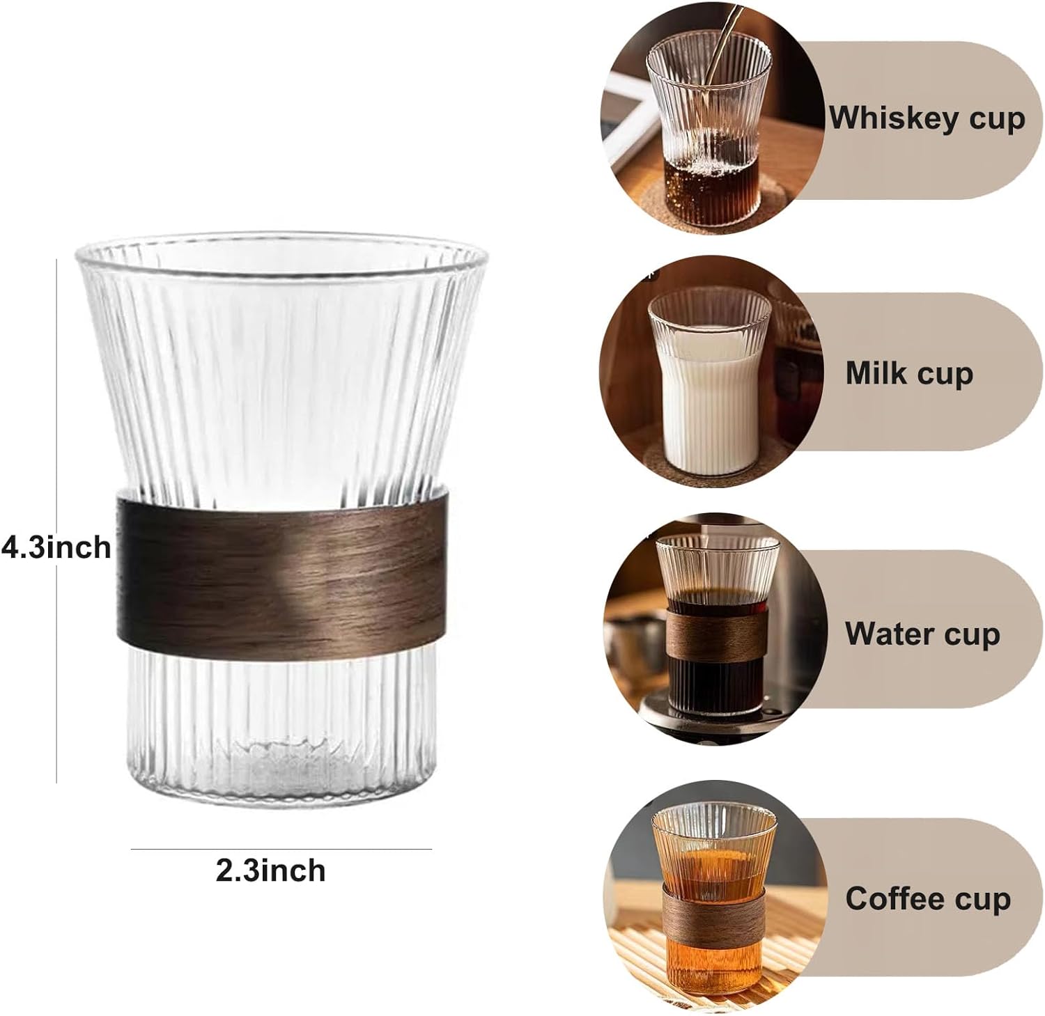 Taza de café de vidrio de 11 oz con anillo antideslizante de madera, apto para moca de boca ancha, café con leche, capuchino hielo caliente (4