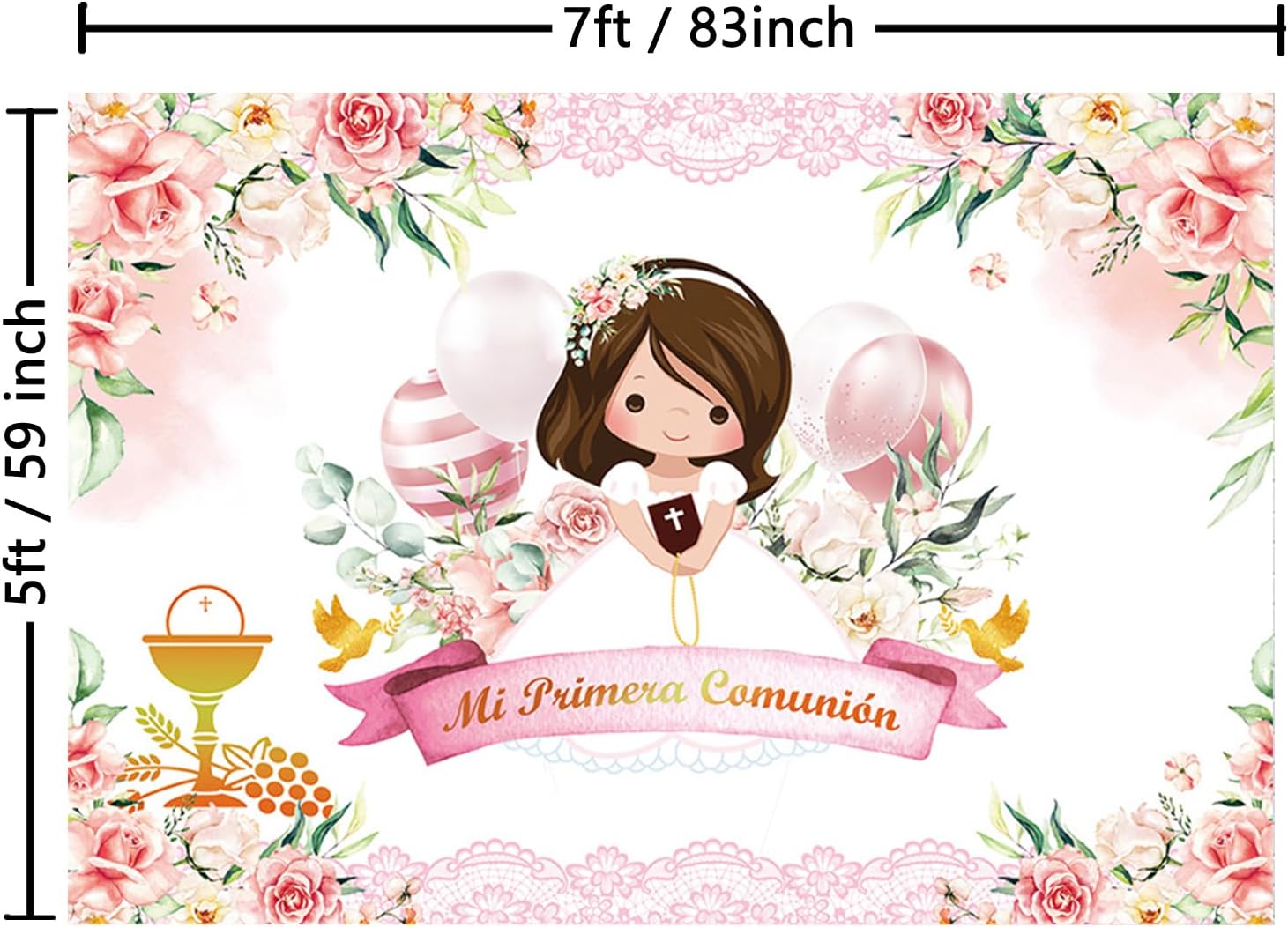 Mi Primera Comunion Bautizo Fotografía Fondo de Bautismo para niña, Dios bendiga la primera comunión Mi Bautizo Cáliz Globo Rosa Floral Decoración