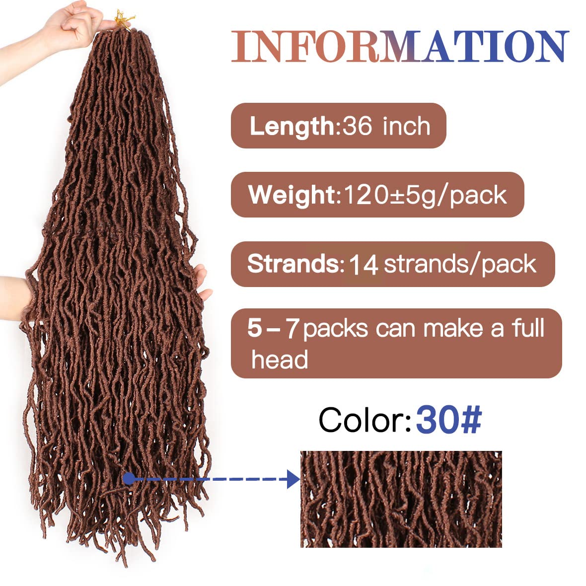 ZRQ Rastas de ganchillo sintéticas marrones de 36 pulgadas, 30 rastas suaves, rizadas, onduladas, cabello de ganchillo con raíces afro (5 paquetes