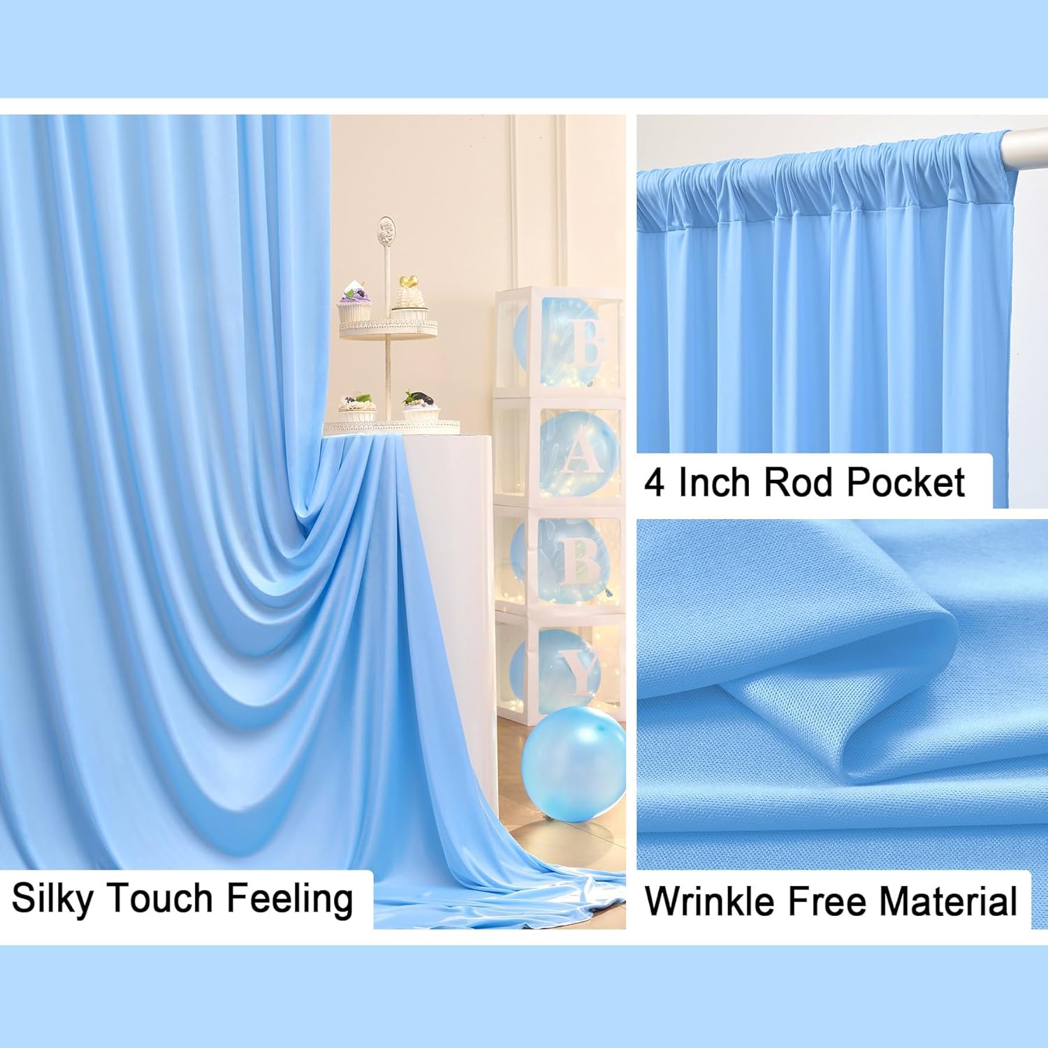Cortinas de fondo azul bebé de 10 x 20 pies, sin arrugas, cortinas de fondo de poliéster azul claro, decoraciones de fondo para fiesta