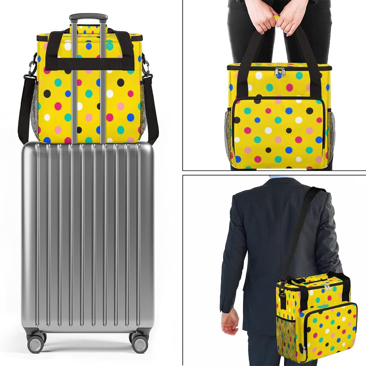 Colorida cafetera amarilla con lunares, bolsa de almacenamiento de viaje, compatible con Keurig K-Mini o K-Mini Plus, portátil, de una sola porción,