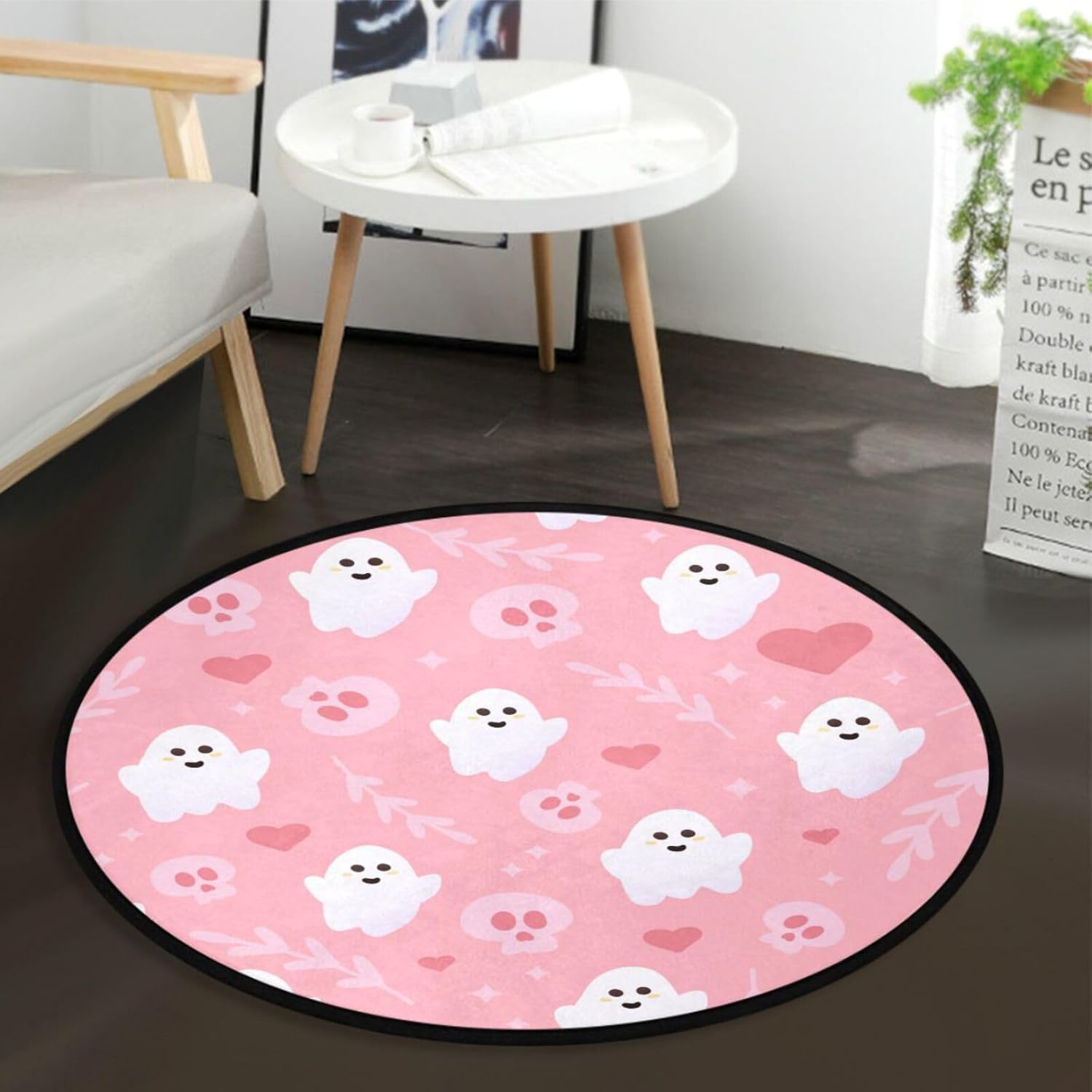 Alfombra redonda de Halloween de fantasma rosa de 3 pies para dormitorio, lavable, bonita alfombra de área de calaveras, alfombra circular