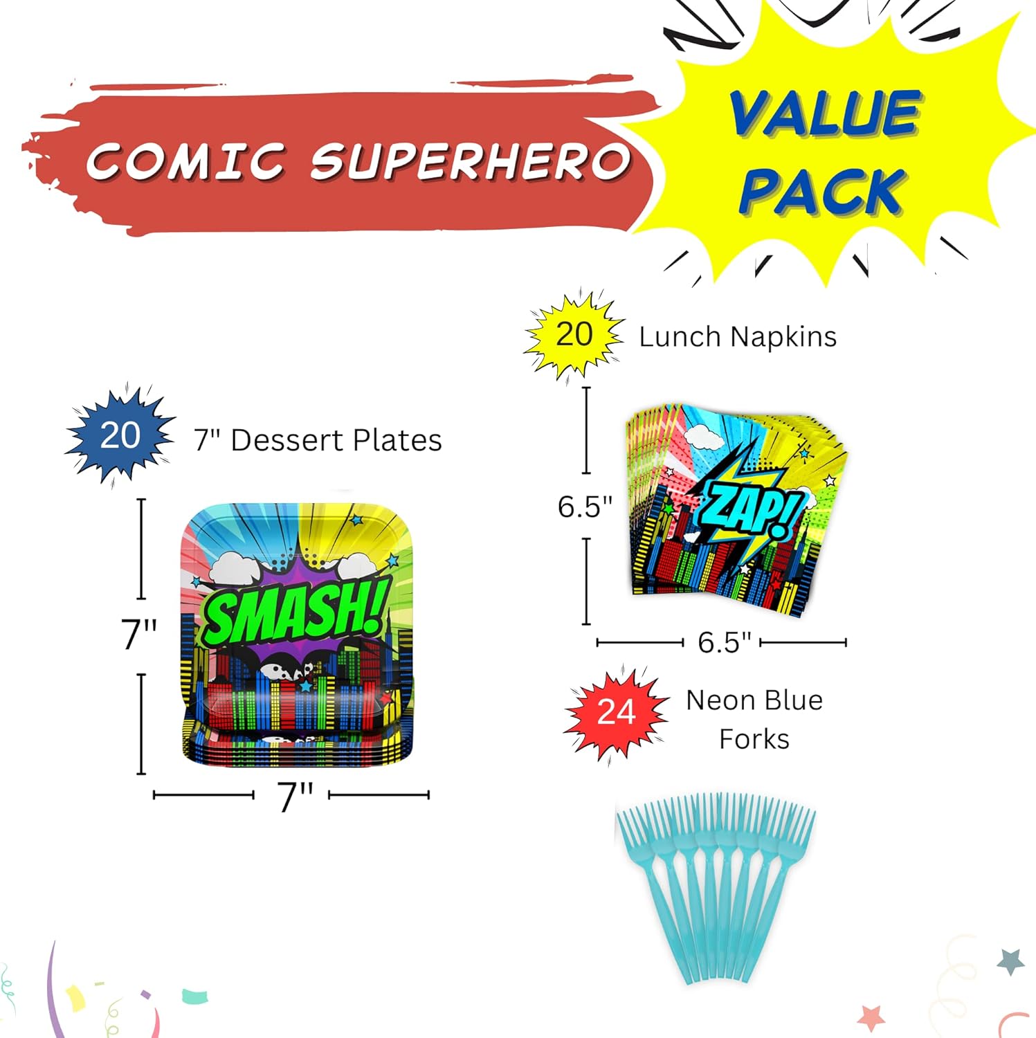 Paquete de suministros para fiesta de superhéroes de cómic (64 piezas para 20 invitados), cumpleaños temático de superhéroes, decoración de fiesta