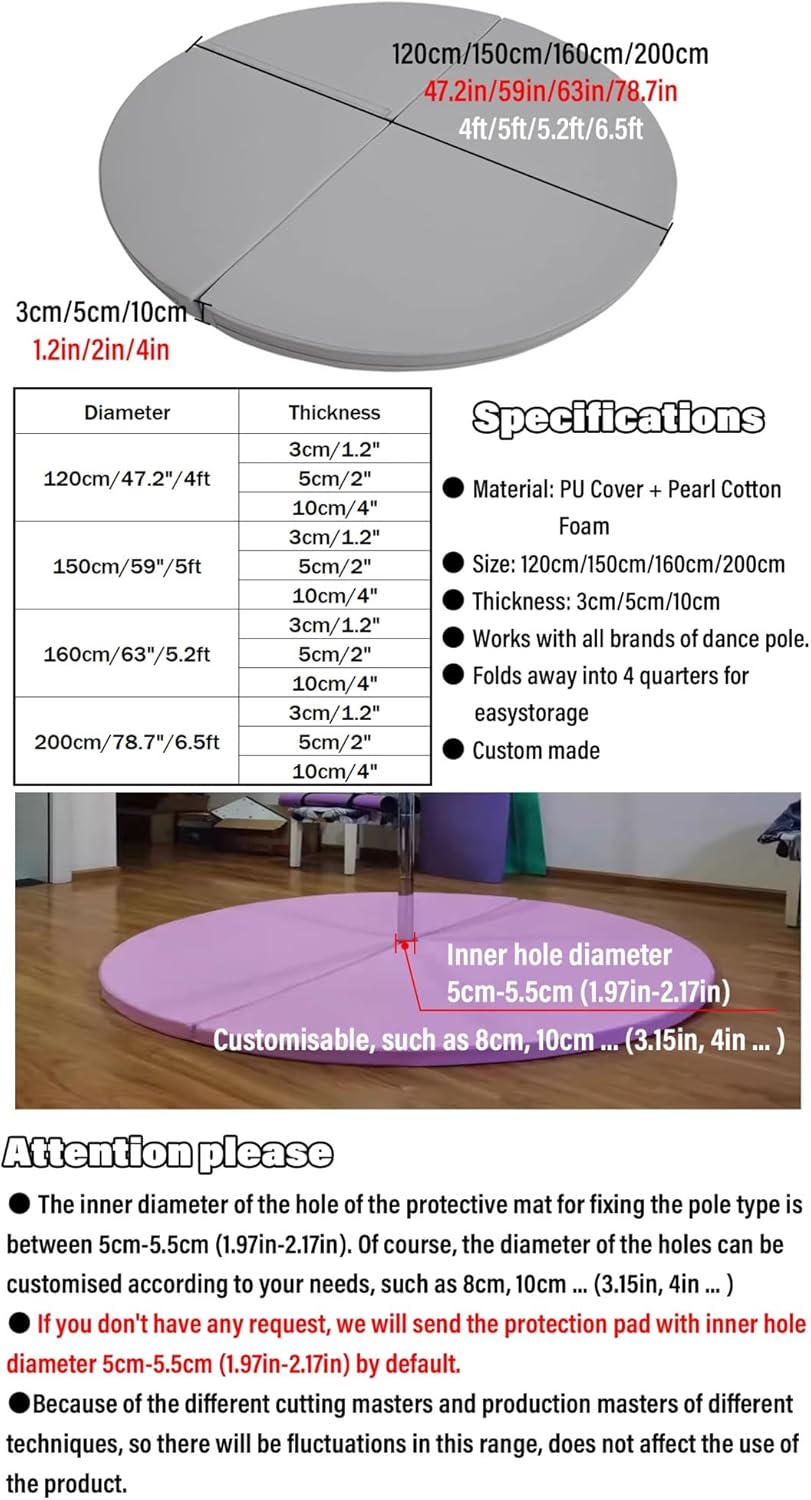 Pole Crash Mat – 3.9 ft4.9 ft5.2 ft6.6 ft redondo plegable esterilla de baile de poste, esterillas portátiles de yoga para ejercicios de baile,