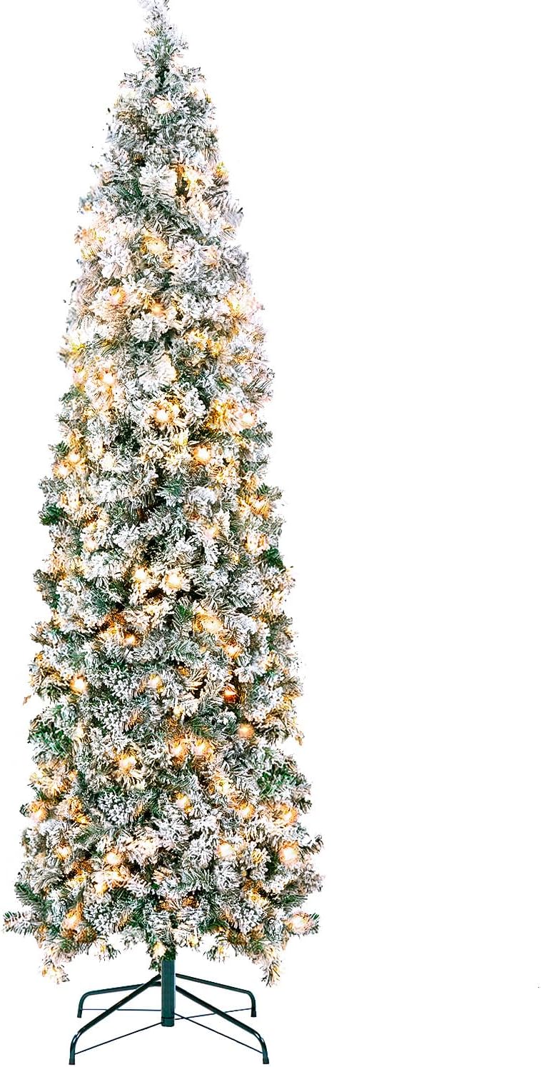 Árbol de Navidad preiluminado de 7.5 pies, árbol de Navidad artificial delgado con bisagras de metal y base para el hogar, tiendas, oficina,