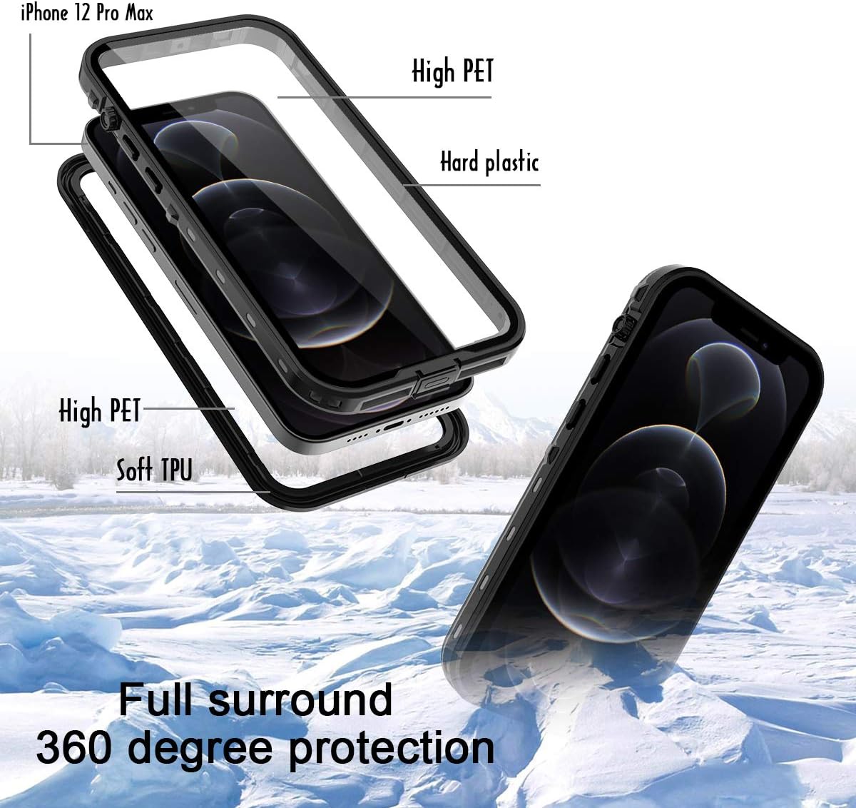 ShellBox Case Funda impermeable para iPhone 12 Pro Max, con protector de pantalla integrado, funda protectora de cuerpo completo a prueba de golpes,