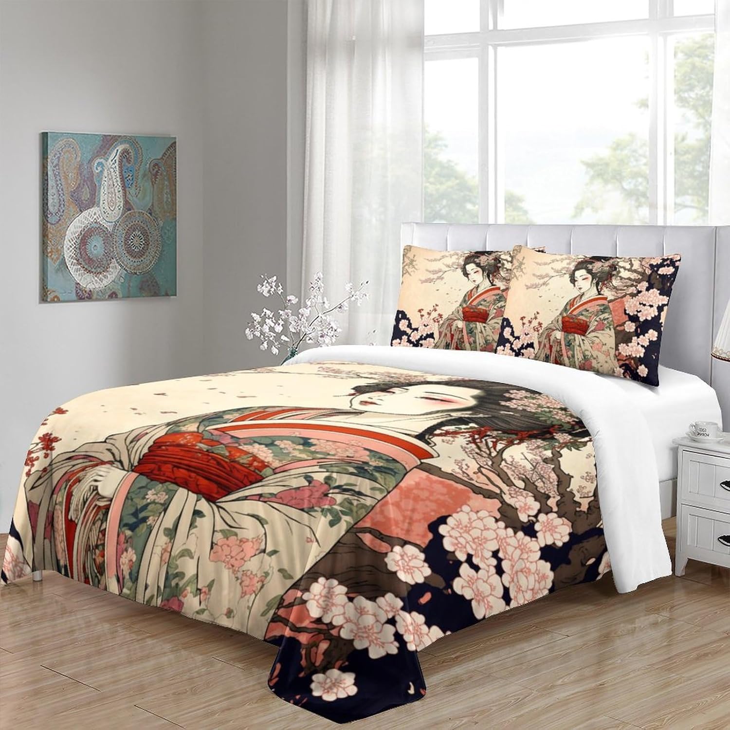 Juego de edredón japonés, estilo retro, hermosa flor japonesa, geisha japonesa, juego de ropa de cama de 3 piezas, ropa de cama suave para todas las