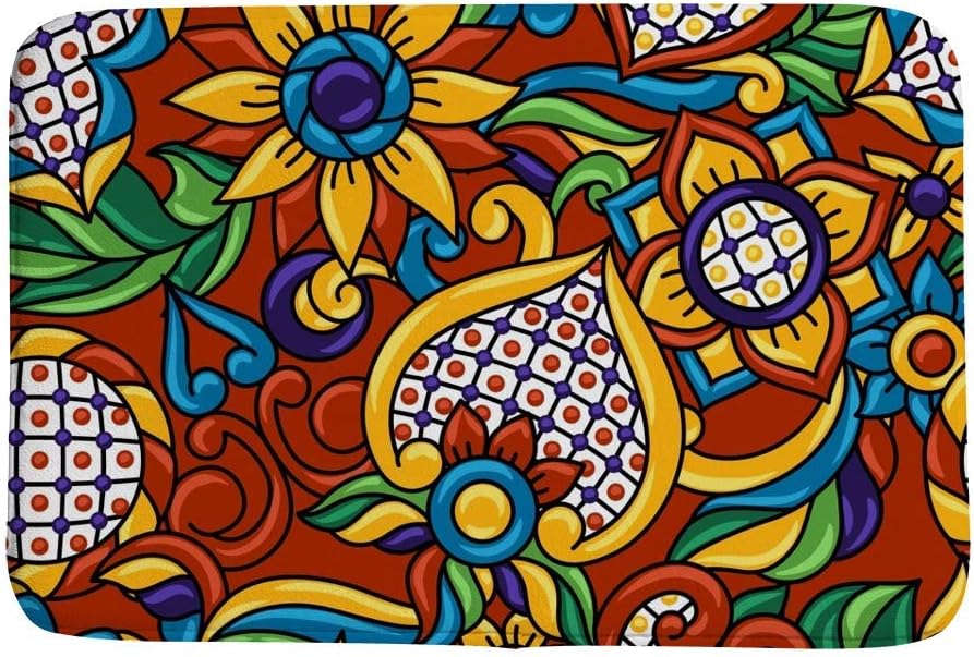 Alfombra de baño antideslizante y absorbente de agua, de terciopelo coral, lavable a máquina, espuma viscoelástica, talavera mexicana, étnica y