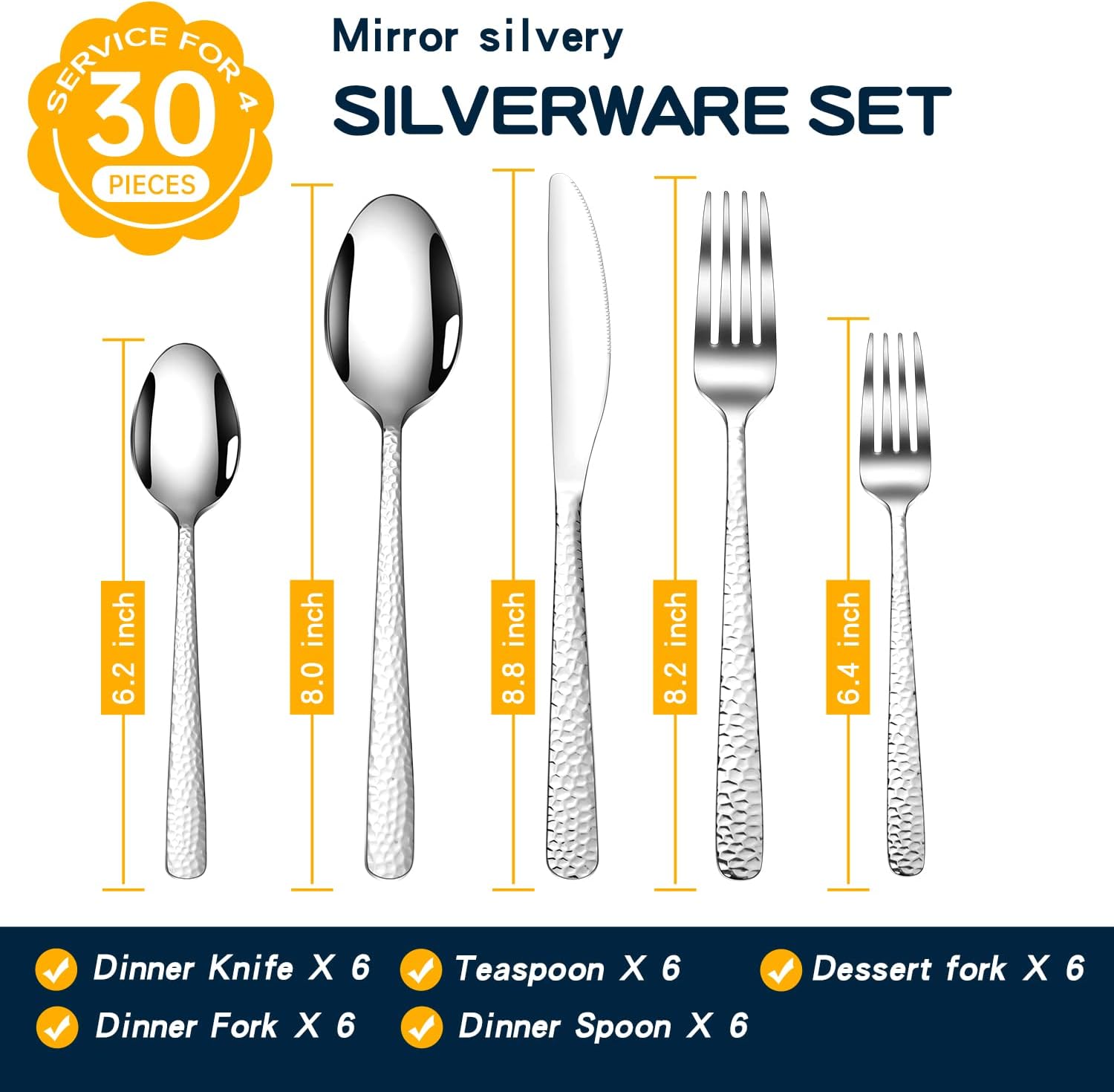 Hammered Silverware Set, 30 Pieces Flatware Set Service for 6, Mirror Polished Cutlery Utensil Set Include Fork Knife Spoon Set Dishwasher Safe,