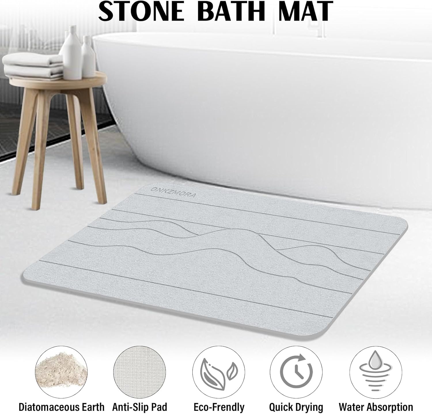 ONKZMORA Tapete de baño de piedra, tierra de diatomeas, antideslizante, de secado rápido, absorbente, de diatomita, tapete de baño de ducha de