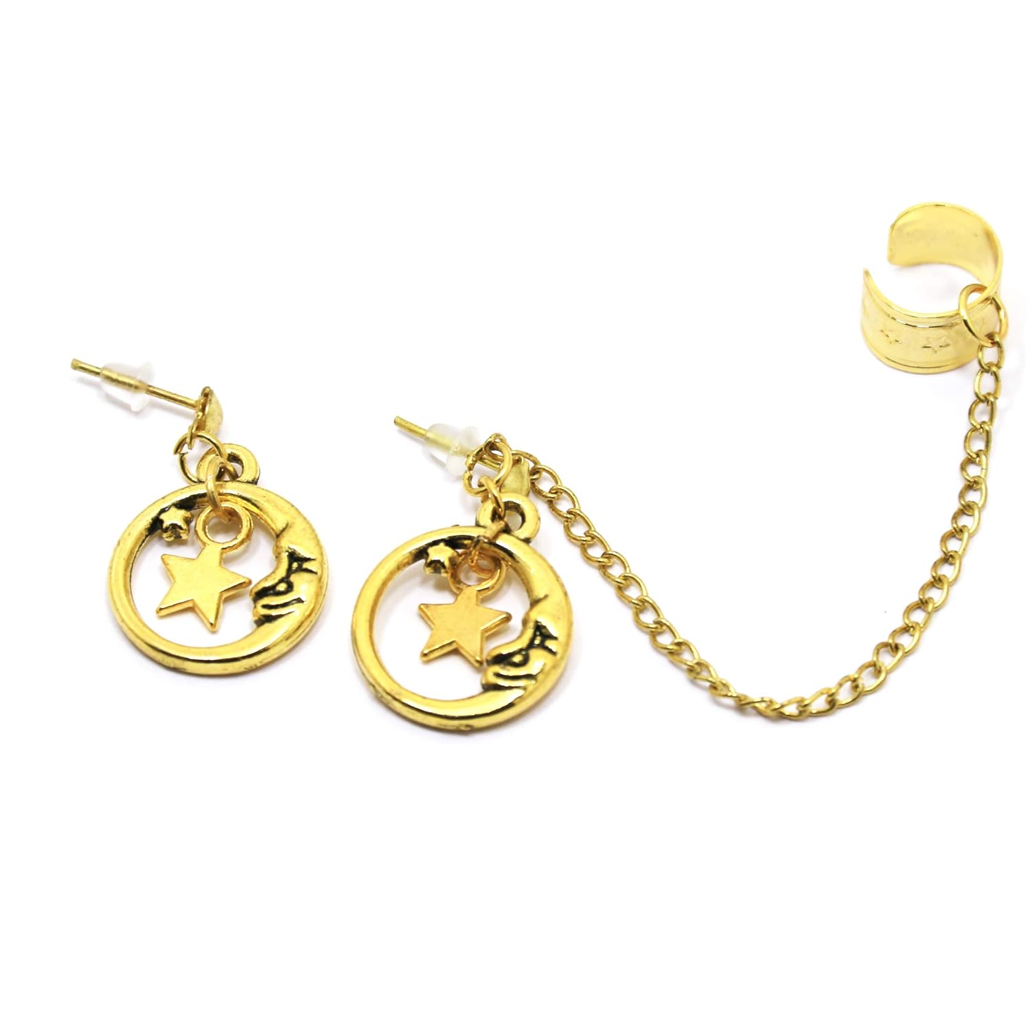 Gold moon ear cuff Handmade celestial stars earrings fake cartilage cuffs half moon dangling ear wrap crescent boho Valentines jewellery gift