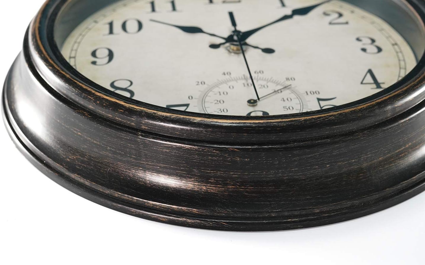 Rsobl Reloj de pared para interiores y exteriores de 12 pulgadas con termómetro, reloj impermeable a pilas, bronce
