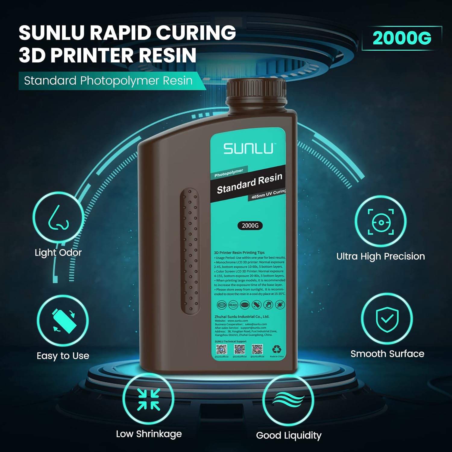 SUNLU Resina de impresora 3D, fotopolímero estándar de 70.55 oz, resina de curado UV de 405 nm para impresora 3D de resina 4K8K LCDDLPSLA, resina