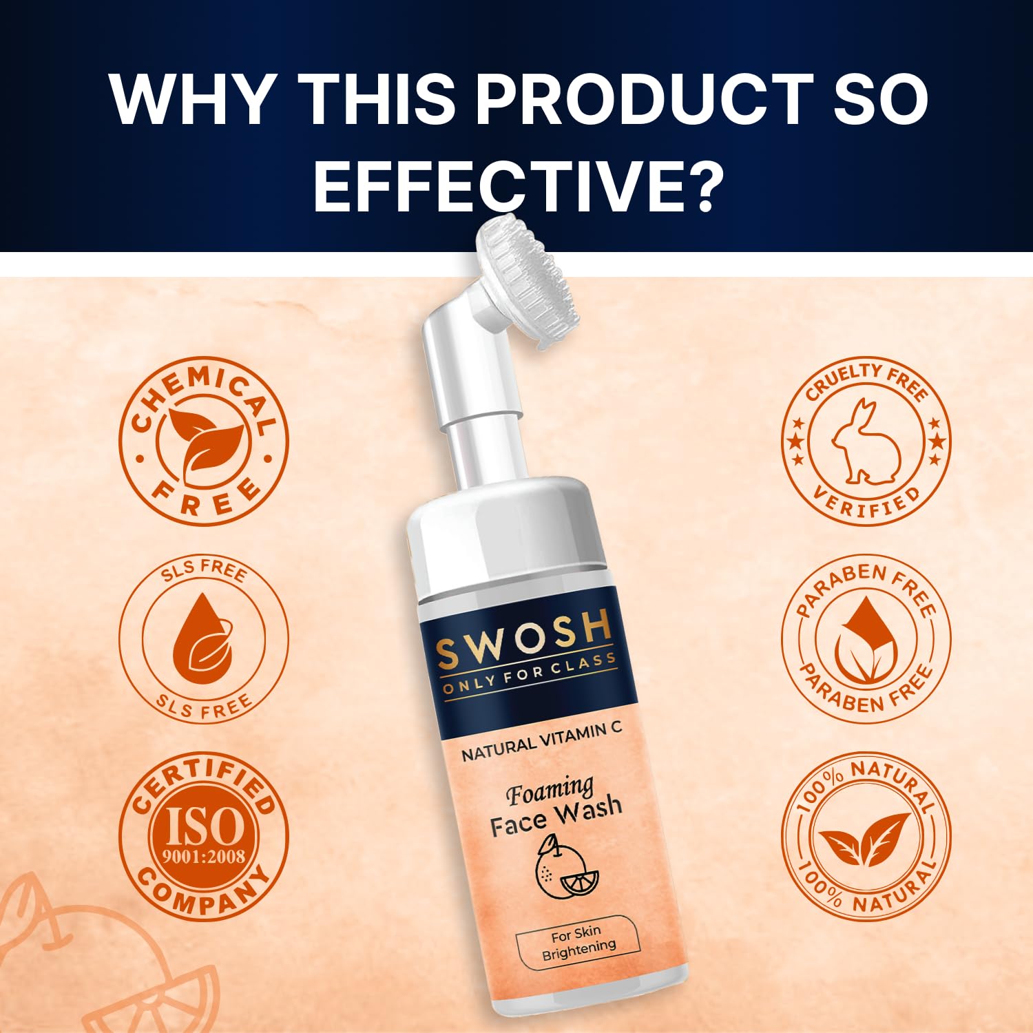 SWOSH Jabón facial espumoso natural con vitamina C para piel propensa a espinillas y grasas, sin parabenos, sulfatos, siliconas y color (con cepillo