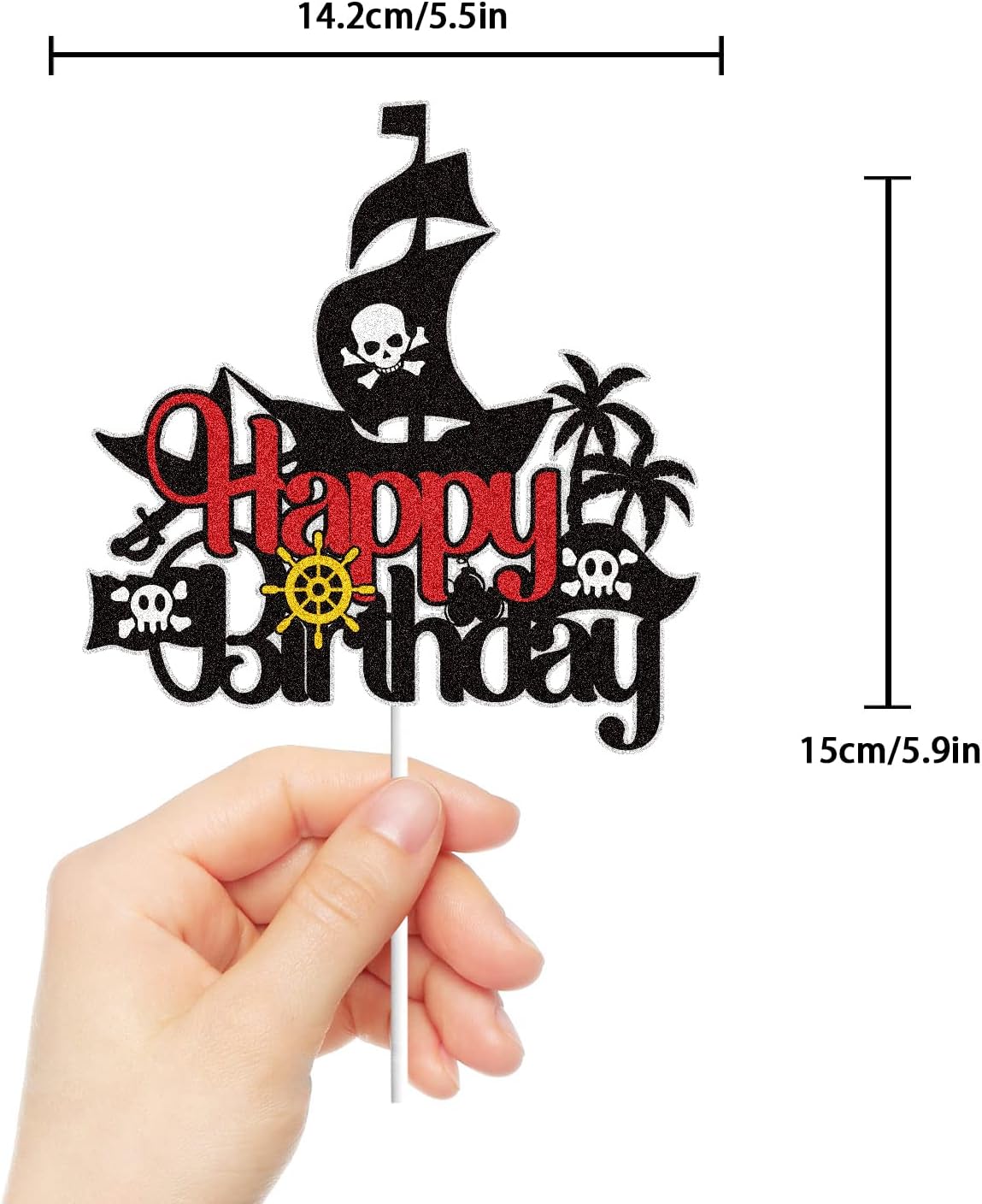 Decoración para tarta de cumpleaños con diseño de barco pirata, color negro, con purpurina, decoración de tarta de barco náutico, tesoro, mar de