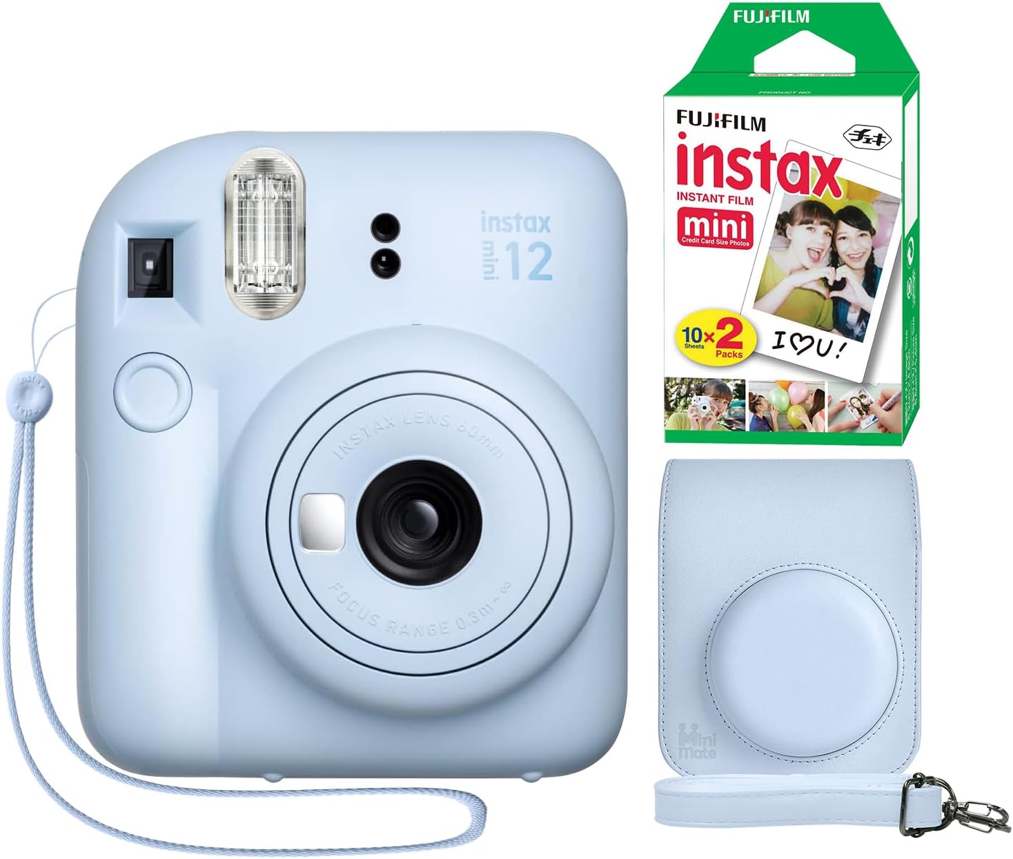 Fujifilm Cámara instantánea Instax Mini 12 azul pastel + funda personalizada mínima + película Fuji Instax 20 hojas paquete doble
