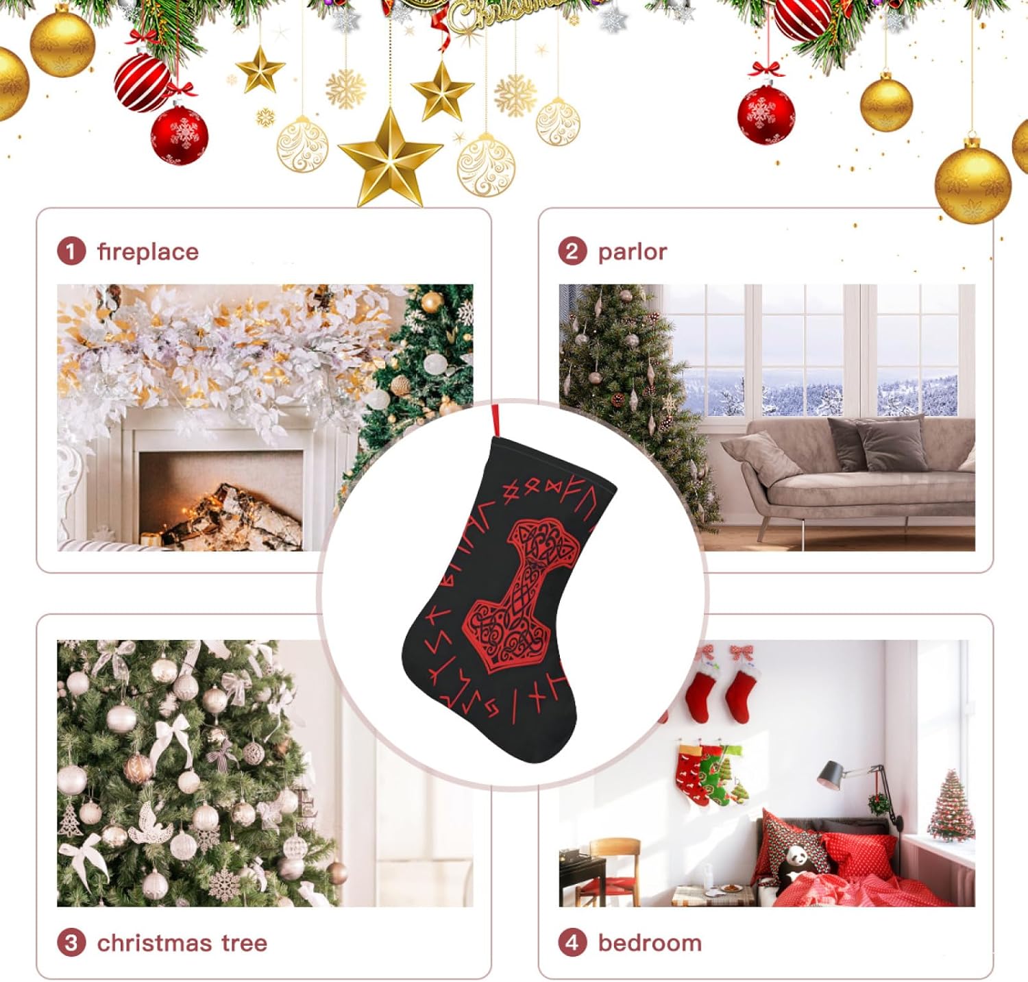 Medias de Navidad vikingas Mjolnir, rueda de runa nórdica, símbolo de mitología nórdica, árbol de Navidad, decoraciones colgantes para regalos (10