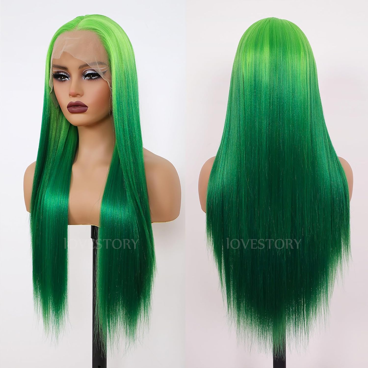 LoveStory Pelucas de encaje frontal de color verde, pelucas largas y lacias, sin pegamento, color verde degradado, peluca resistente al calor,