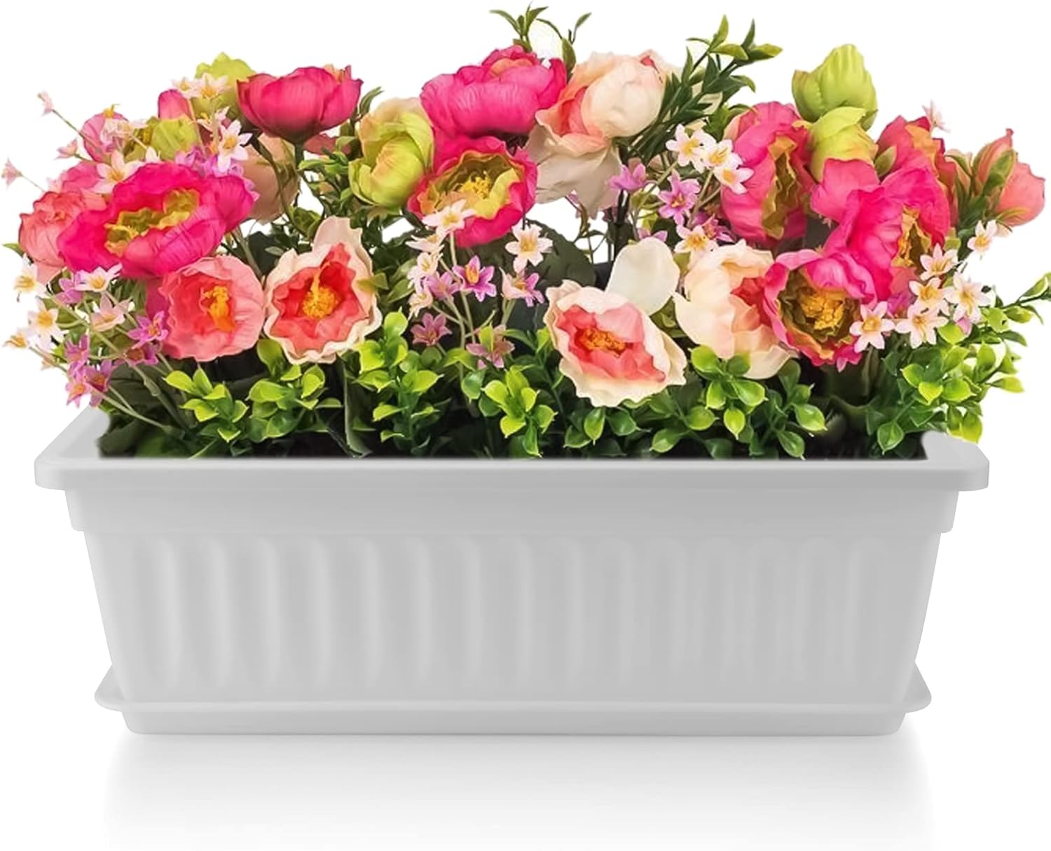 KEILEOHO Paquete de 6 macetas de plástico de 17 pulgadas para ventana, maceteros rectangulares con bandejas y 30 etiquetas para plantas, macetas de