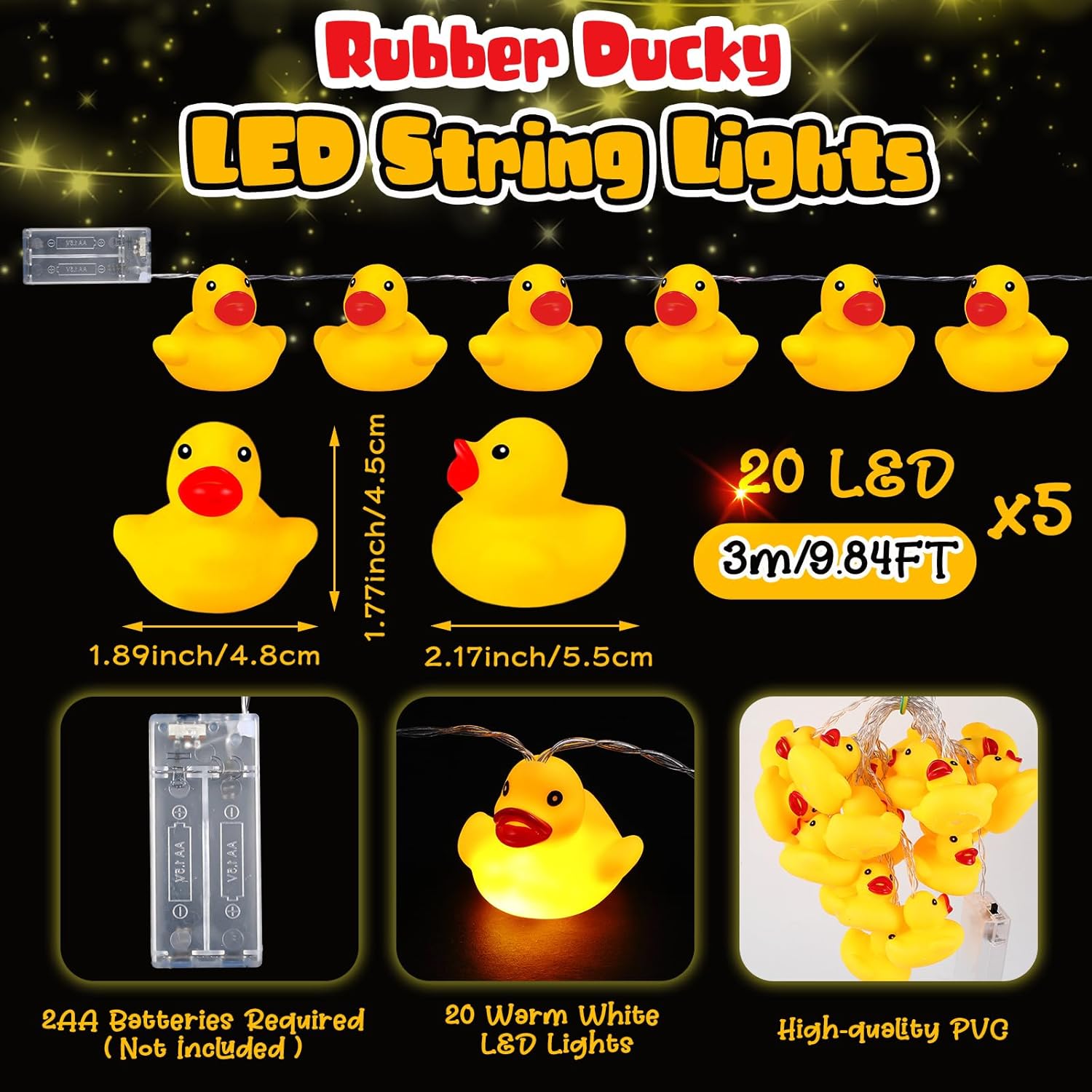 Deekin Guirnalda de luces LED de goma con 100200 luces LED para árbol de Navidad, pato, funciona con pilas, luces decorativas para Navidad,