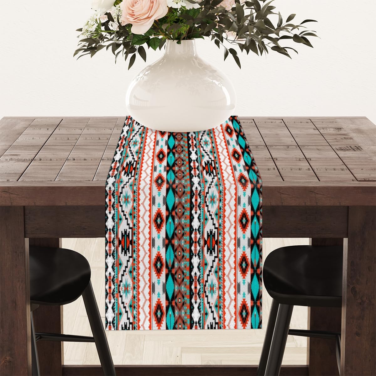 Table Runner Ethnic Tribal Geometric Pattern, Rustic Linen Table Cloth for Farmhouse Kitchen, Dinner, Events, Party, Holiday Table Decor 13 x 60