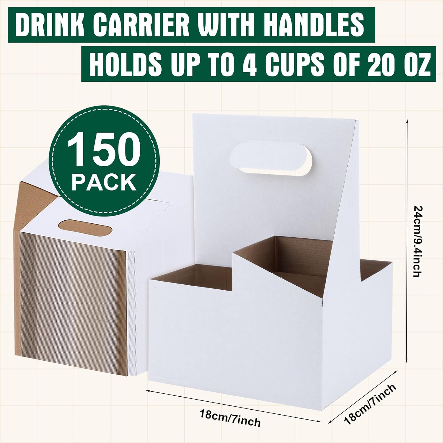 Kisston Paquete de 150 portadores de bebidas con asa, 4 tazas de cartón de estraza para tazas, portavasos, desechable, para bebidas calientes o