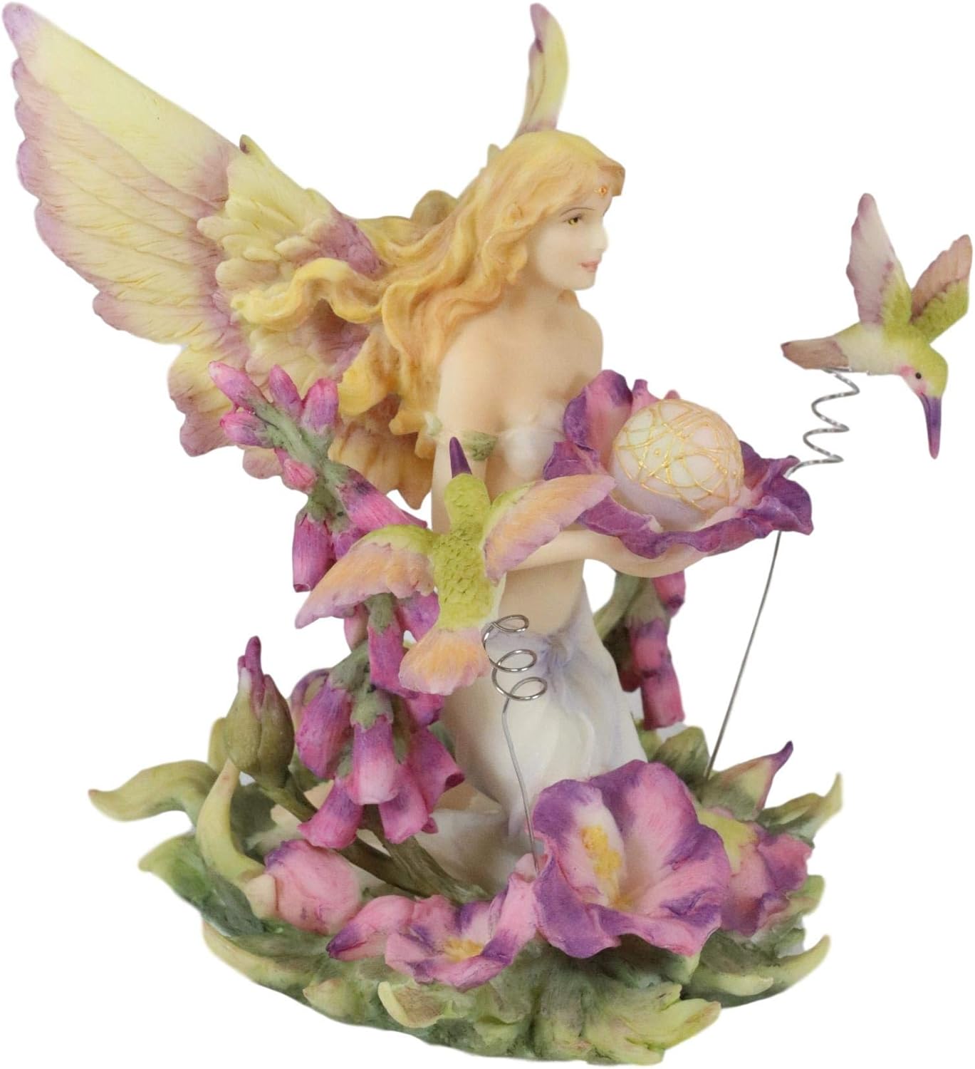 Ebros Gift Jody Bergsma Faith Fairy Naiad – Estatua de flores moradas con colibríes, 5.75 pulgadas de alto, figura mágica de jardín de hadas en