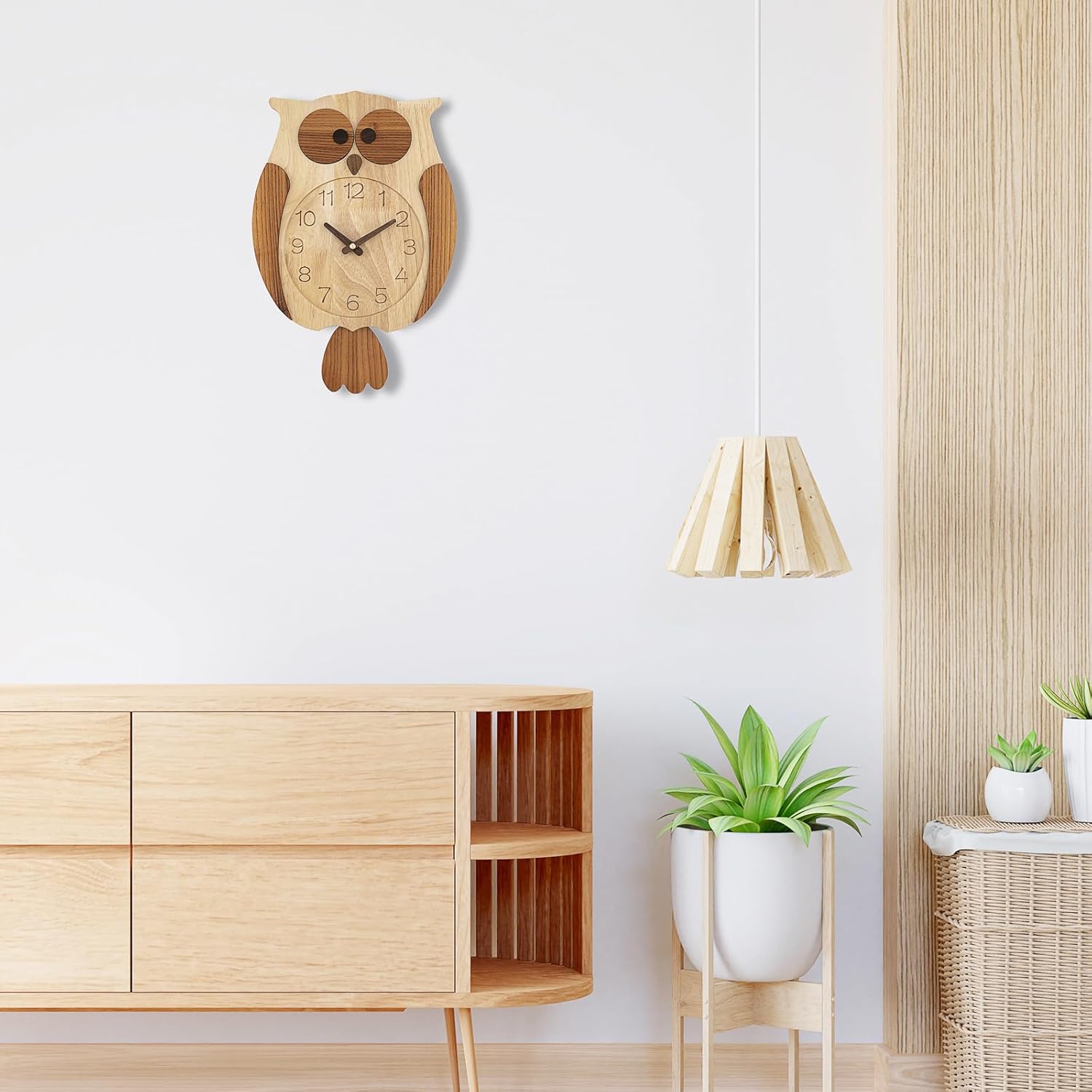 Reloj de pared de búho decorativo de madera Clolck sin tictac, funciona con pilas, reloj de péndulo de madera para sala de estar, dormitorio,