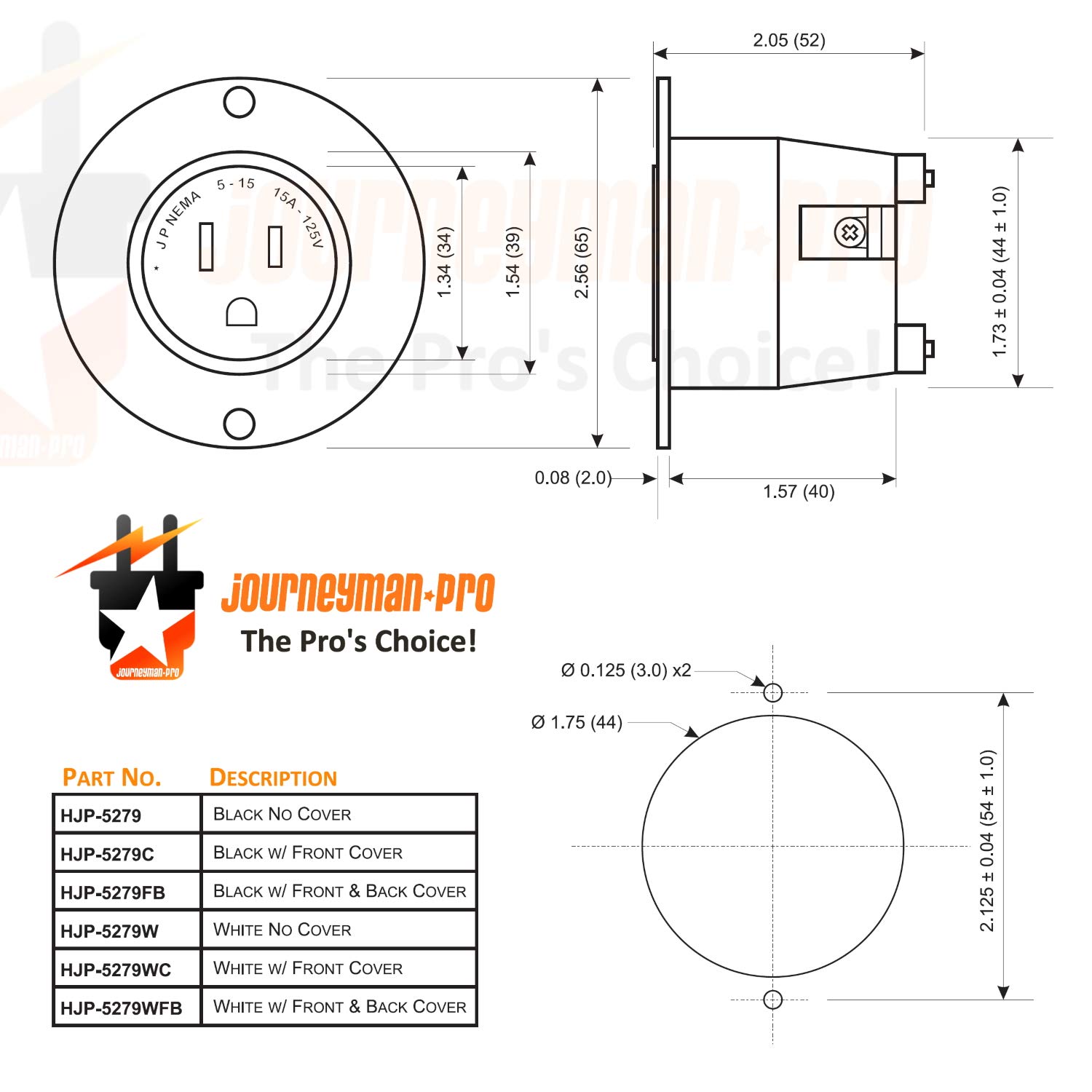 Journeyman-Pro 5279 15 Amp 120-125 voltios, salida con brida NEMA 5-15, grado comercial blanco, 2 polos-3 cables, receptáculo de cargador de enchufe
