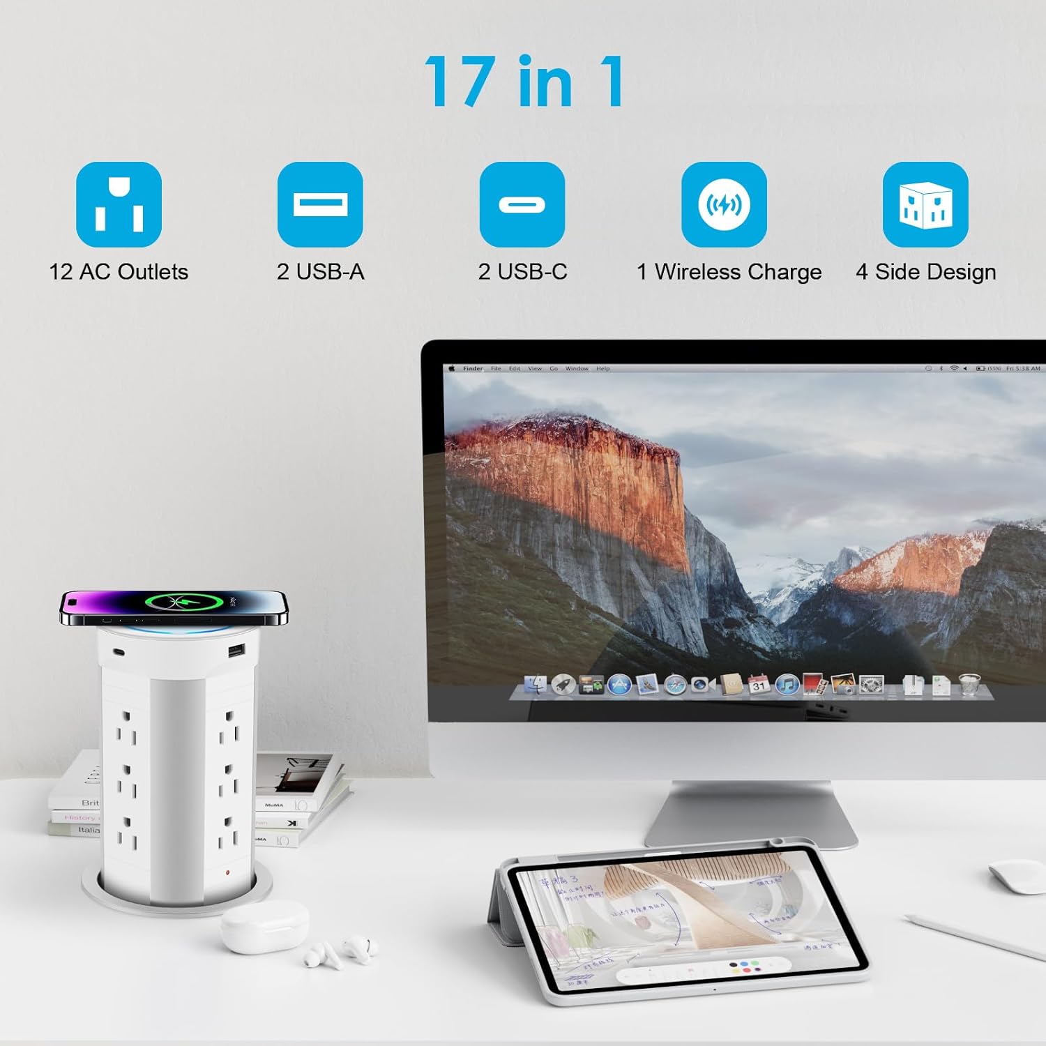 HEZI Toma de corriente desplegable para encimera con cargador inalámbrico de 15 W, entrega máxima de energía de 45 W, 12 CA, 2 USB-A y 2 USB-C,