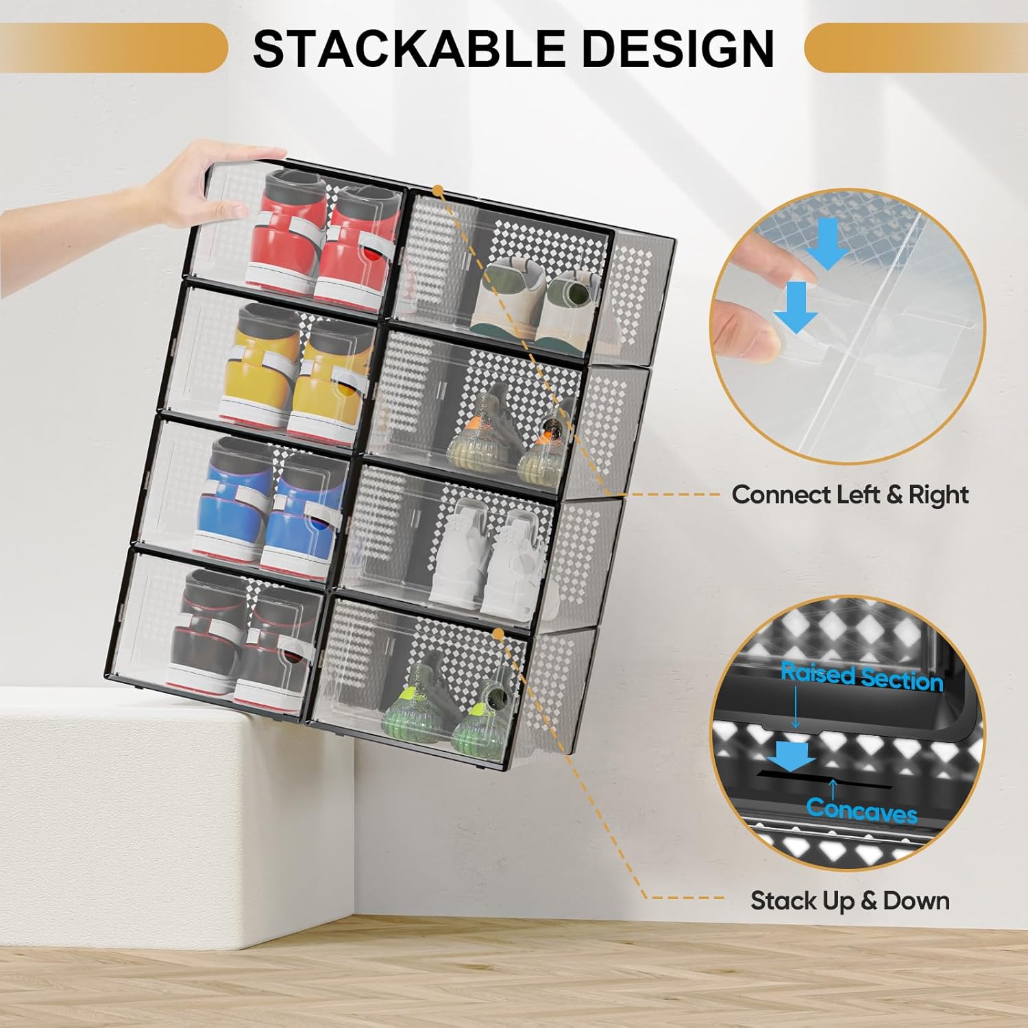 BALEINE Paquete de 12 cajas grandes de almacenamiento de zapatos, cubos organizadores de zapatos transparentes apilables, contenedores de plástico