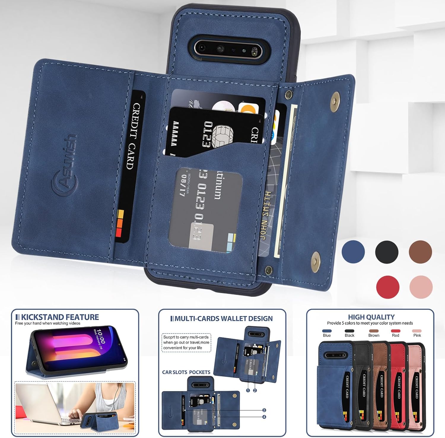 Asuwish Funda de teléfono para LG V60 ThinQ V60ThinQ 5G G9 Thin Q Wallet Cover con protector de pantalla de vidrio templado y soporte de tarjeta de