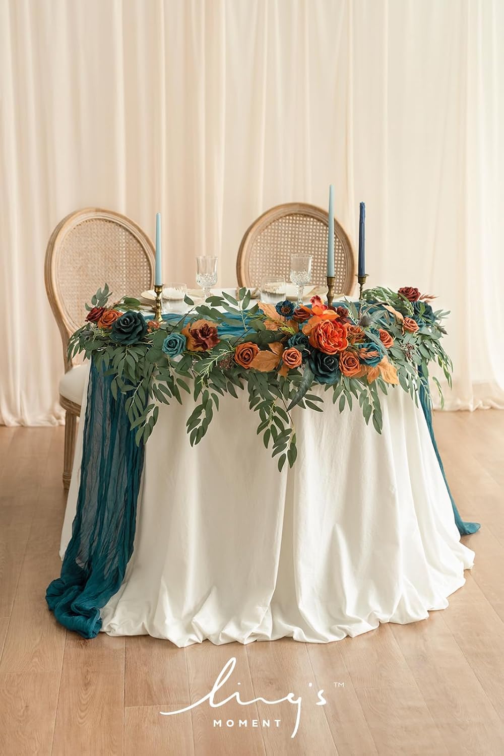Ling’s Moment Guirnalda de flores, eucalipto y rosa de 6 pies, decoración de mesa de novia para recepción de boda, guirnalda floral artificial para
