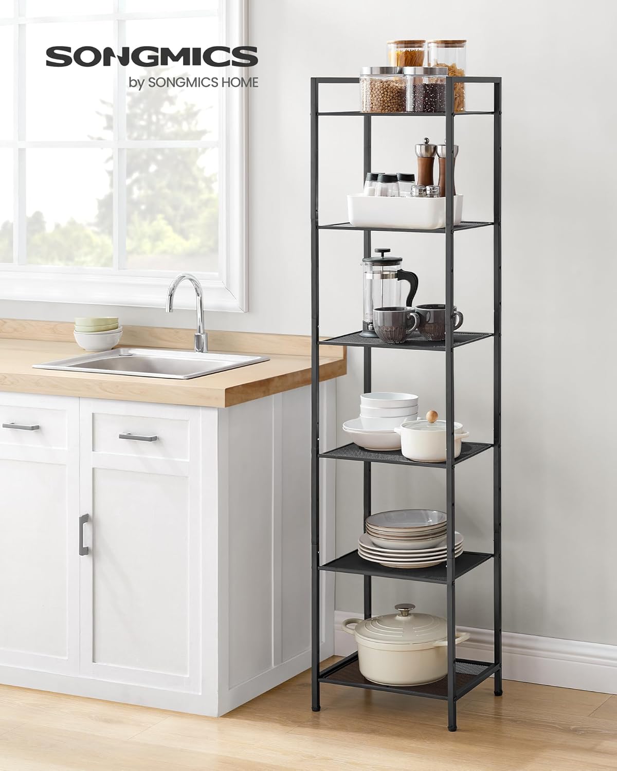 SONGMICS Estante de almacenamiento de 6 niveles, estante de baño, soporte extensible para plantas con estante ajustable, para baño, sala de estar,