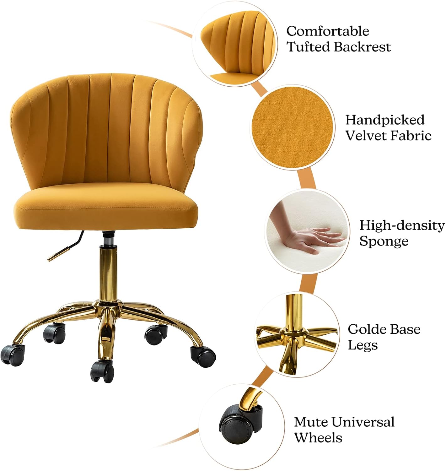 TINA’S HOME Sillas de escritorio de oficina con ruedas y base dorada, moderna silla de oficina sin brazos de terciopelo, silla giratoria ajustable