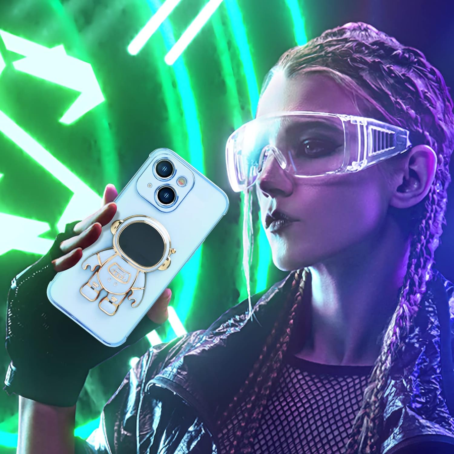 Omio – Funda compatible con iPhone 15 con soporte oculto de astronauta, funda de lujo chapado en corazón con borde lateral, pequeño patrón de amor