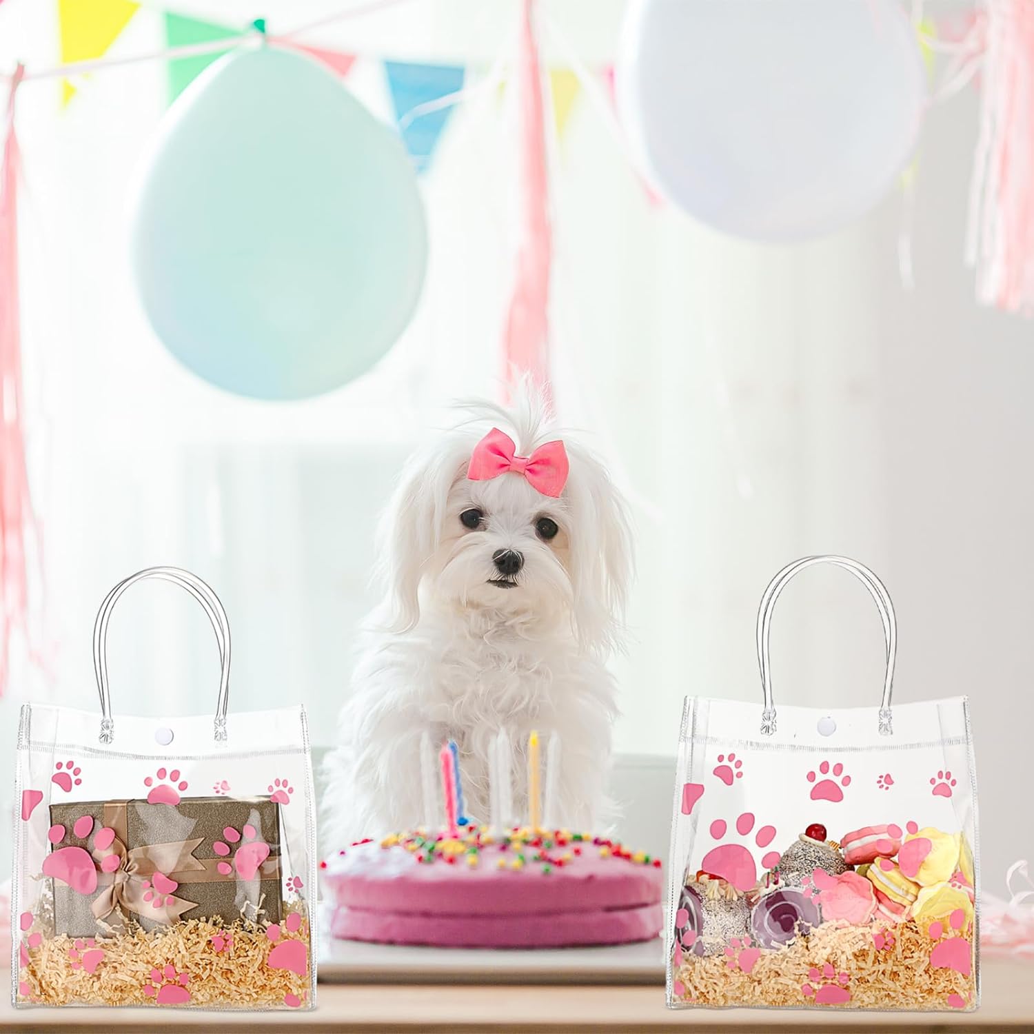 Teling Paquete de 20 bolsas de regalo de PVC transparente con asa de perro con asa, bolsas de plástico reutilizables, bolsas de regalo transparentes
