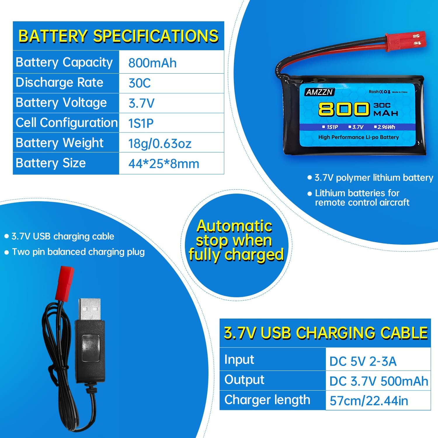 Batería Lipo de 3.7 V, 800 mAh, 30C, batería de drones RC con 2 conectores USB JST para SYMA X56W MJX X400W X300C X800 HS110 HS200 S670 V950hd S1750