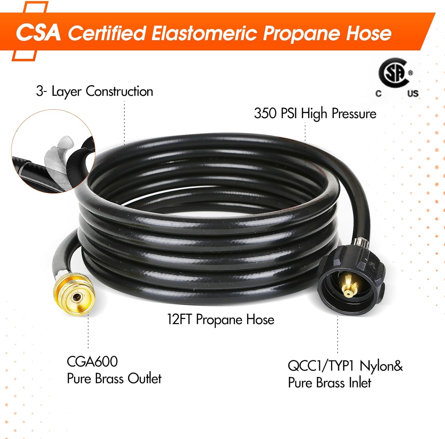Adaptador de manguera de propano de 12 pies de 1 libra a 20 libras, manguera adaptadora de propano de alta presión, adaptador de tanque de propano,