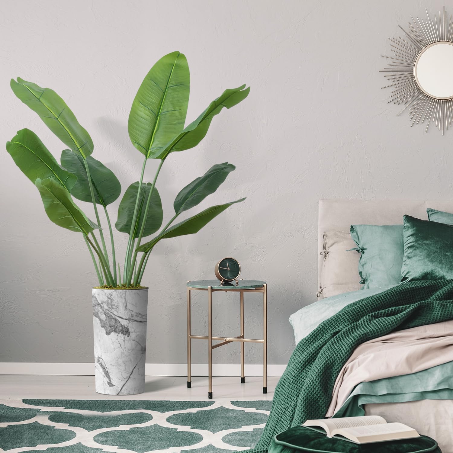Árbol artificial en macetero con efecto de mármol gris, hojas de plátano falsas de seda para decoración del hogar en interiores y exteriores, altura