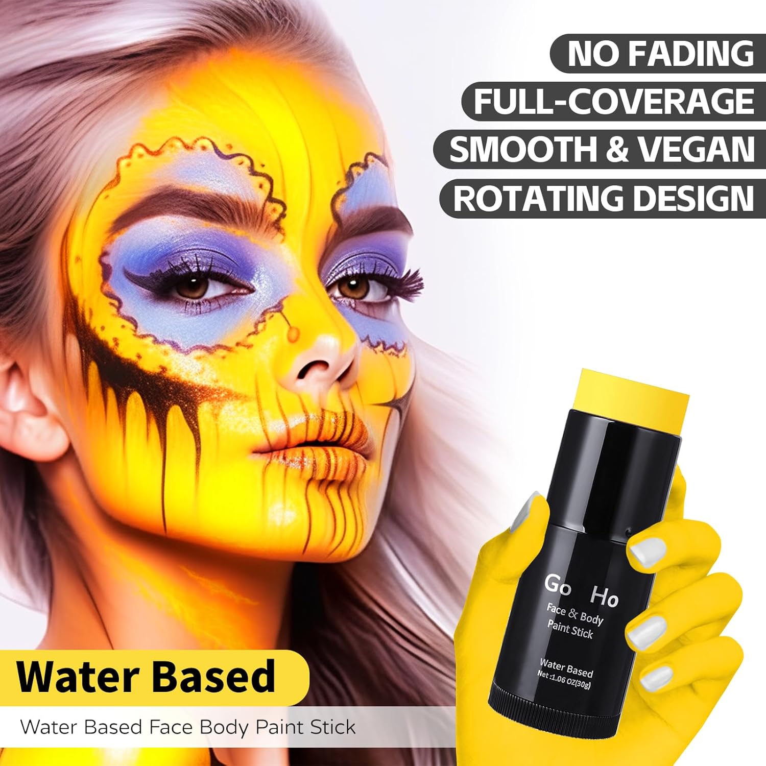 Go Ho Barra de pintura amarilla para la cara y el cuerpo, a base de agua, lavable, a base de agua, no tóxica, cobertura completa, color amarillo