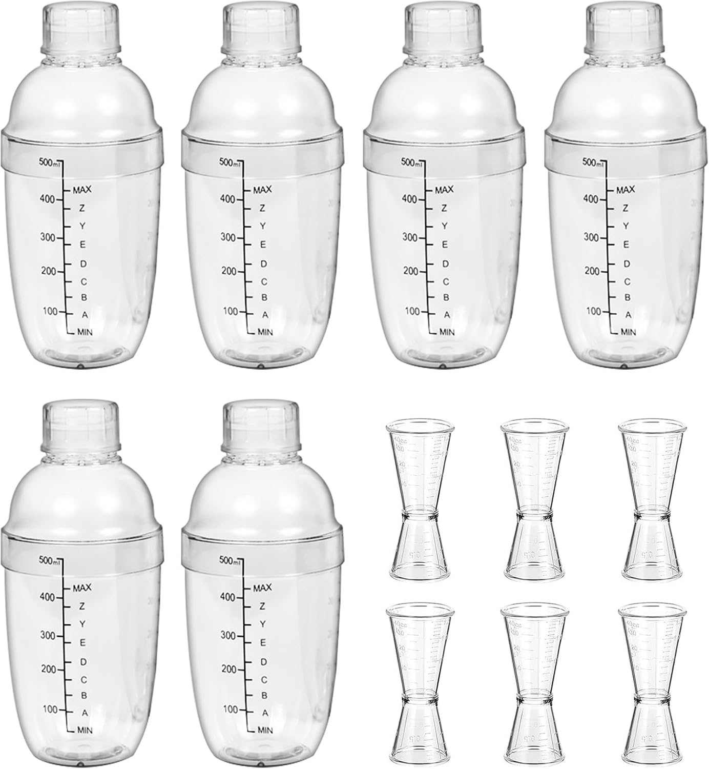 Juego de 6 cocteleras de plástico de 17 onzas, coctelera y jigger de medición, herramienta de mezcla de vino, mezclador de bebidas con marca,