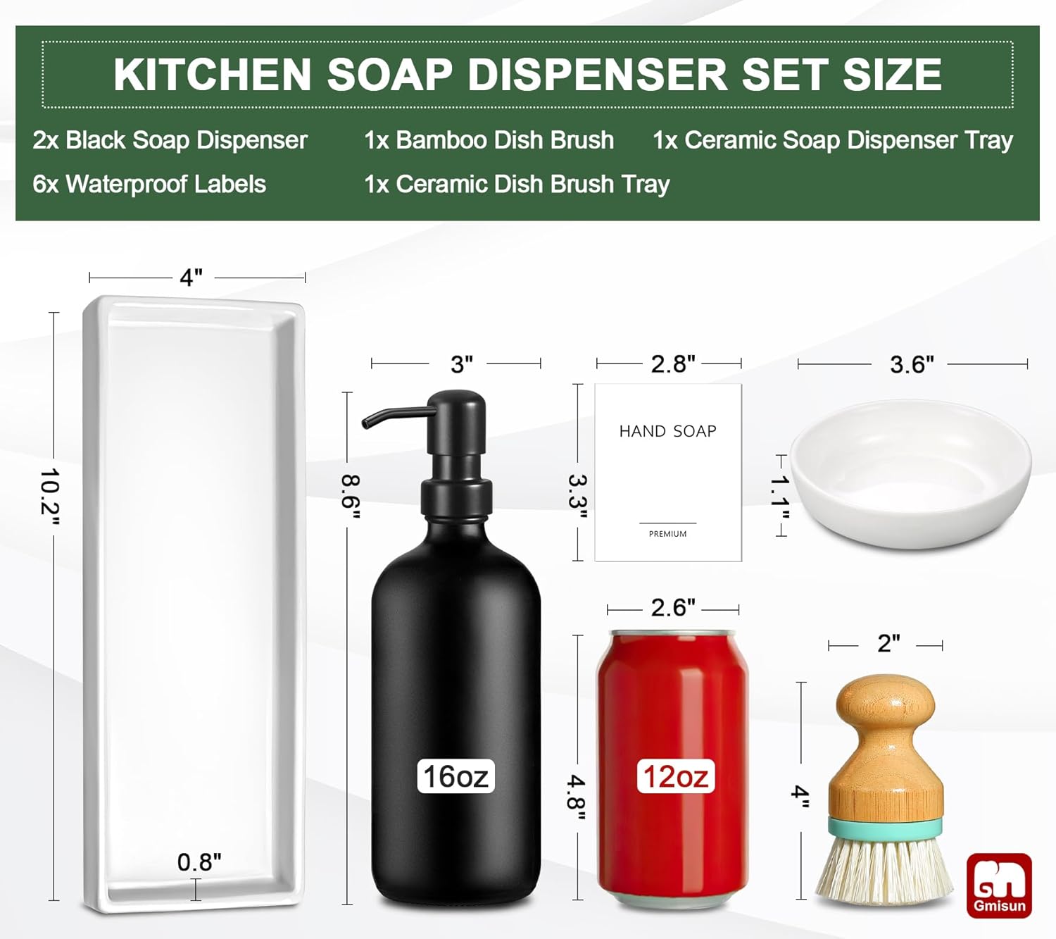 GMISUN – Dispensador de jabón para platos para cocina, dispensador de jabón de manos y platos de 16 onzas con bandeja de cerámica y cepillo de
