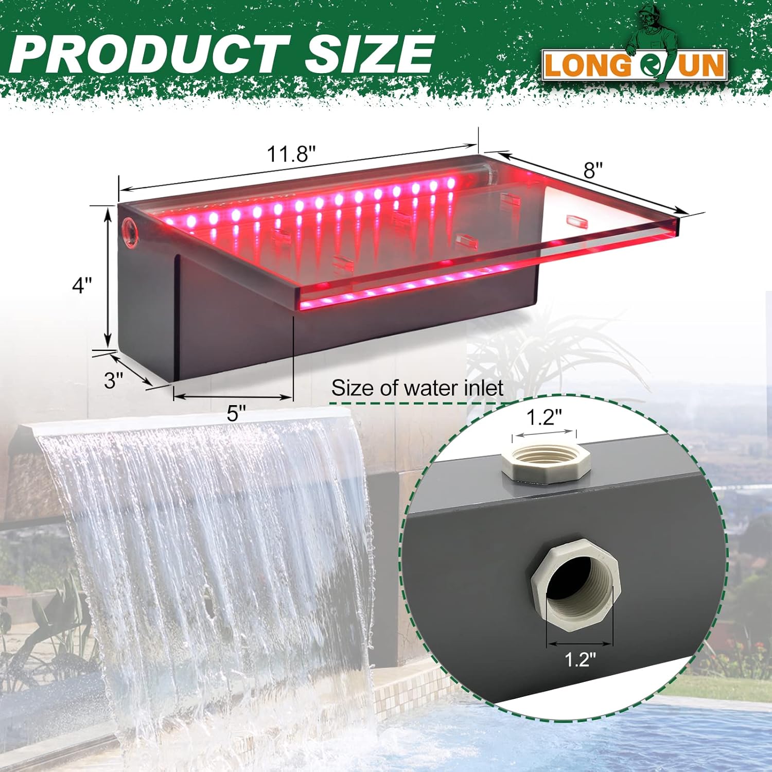 LONGRUN Fuente de piscina al aire libre con control de aplicación de cascada, luz LED multicolor para piscina al aire libre, derrame de agua