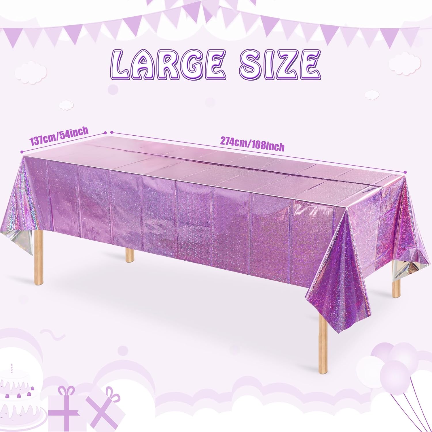 Paquete de 8 manteles de plástico iridiscentes de color morado claro, desechables, rectangulares, con láser, de papel de aluminio holográfico, para